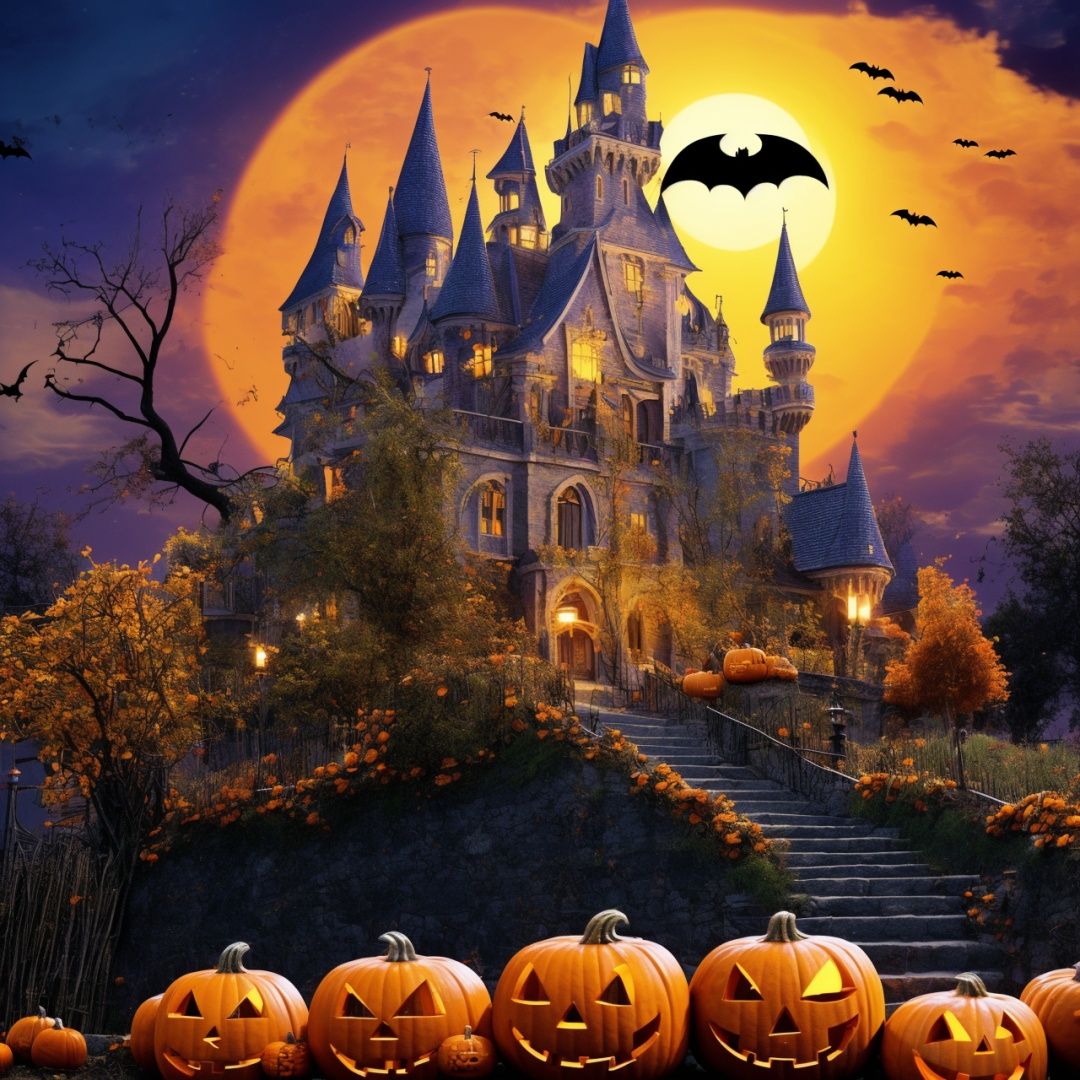 Best quality, 8k, cg,house,Halloween,bat,Small town, castle