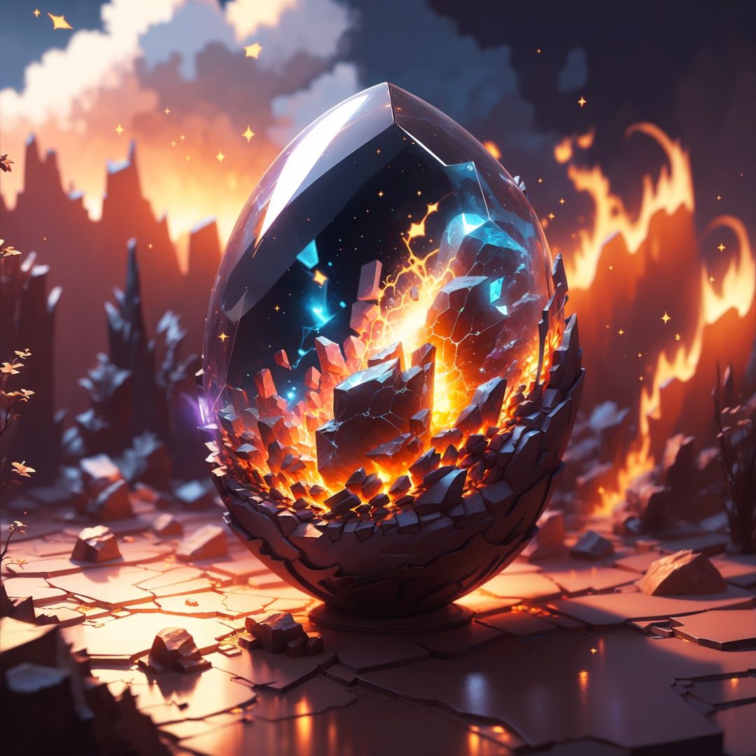 JIDAN, no humans, light particles, crystal, rock, space, shiny, scenery, sky, science fiction, glowing, gem, cloud, realistic, still life, fire