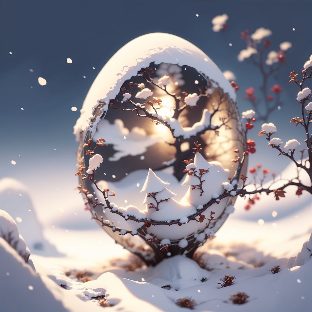 JIDAN, no humans, blurry, outdoors, still life, tree, scenery, blurry background, bare tree, depth of field, snow, sky, branch, realistic, plant, reflection, shadow, openwork, engraving