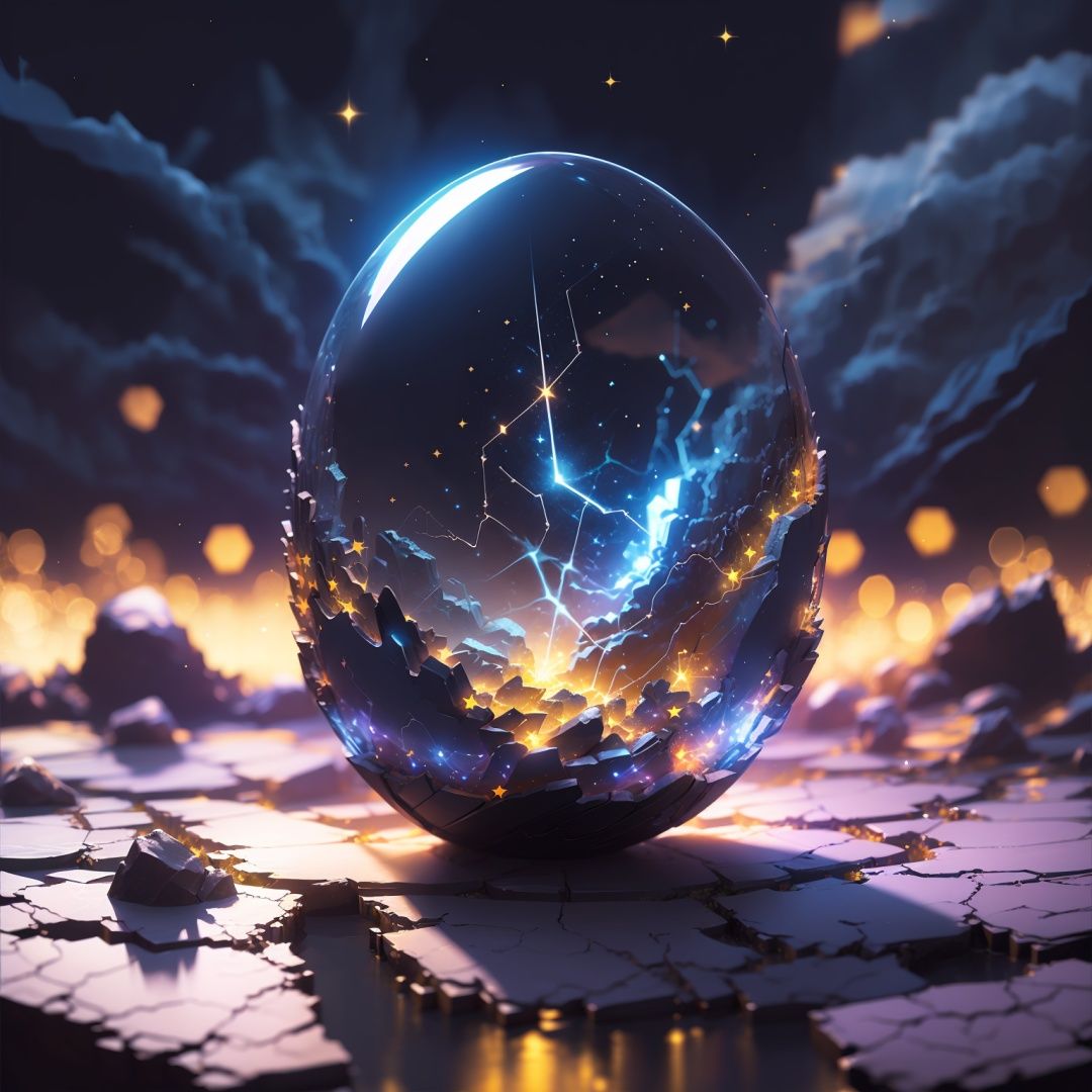 JIDAN, no humans, reflection, blurry, still life, scenery, light particles, constellation, starry sky, shiny, depth of field, night, crack, outdoors, space, night sky, blurry background, planet, rock, electric