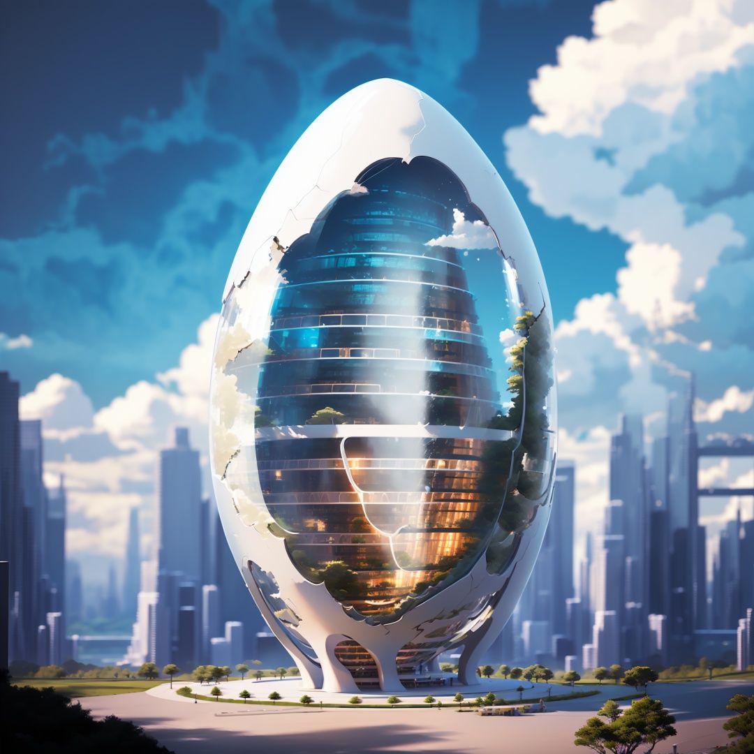 JIDAN, cloud, scenery, sky, day, outdoors, city, building, no humans, tree, cityscape, blue sky, skyscraper, cloudy sky, science fiction, aircraft, post-apocalypse,egg-shaped building,masterpiece,best quality