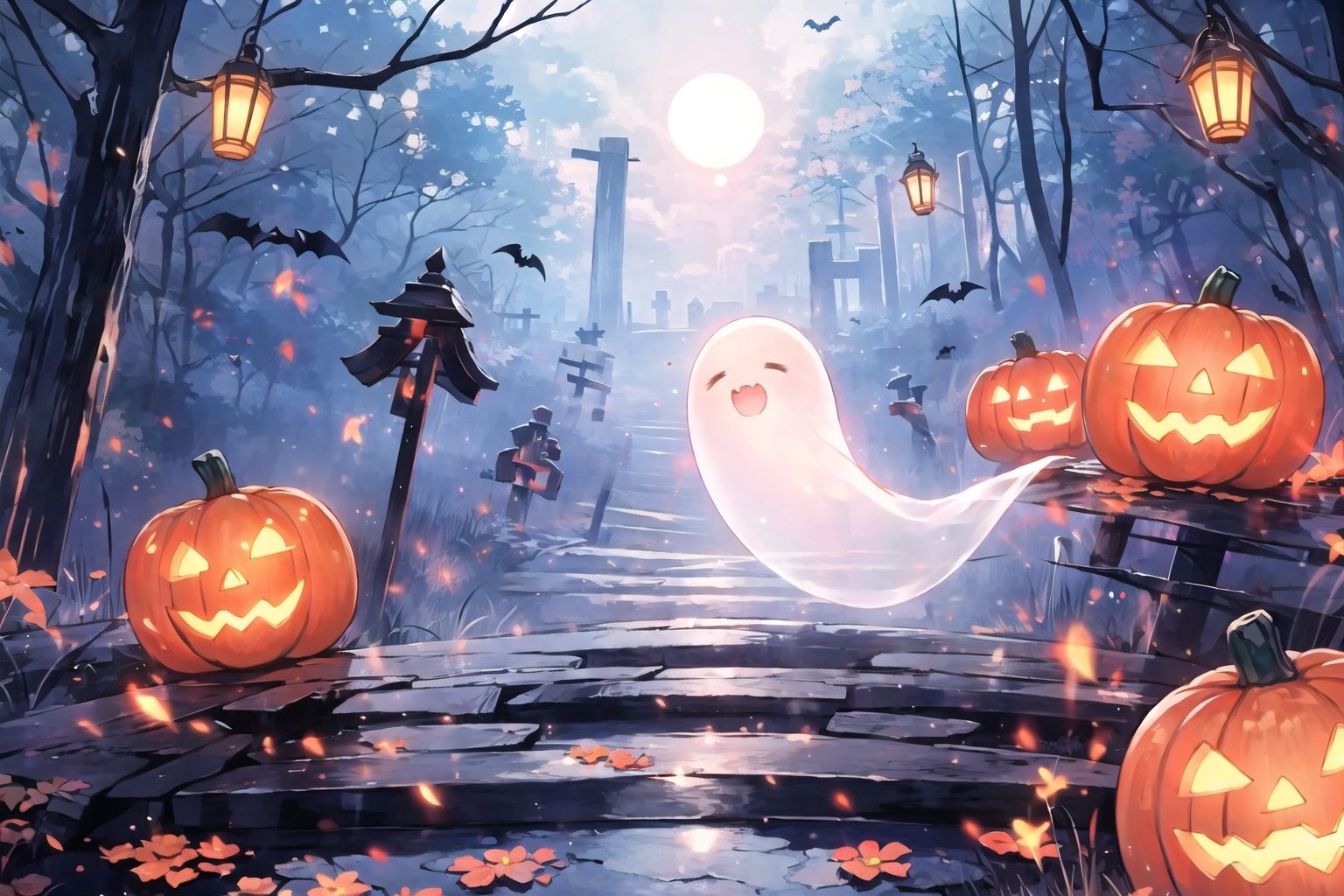 Best quality,16k,cg,pumpkin,night,Firefly,halloween,
ghost,Floating Spirit,lantern,look of misery,wood,starlight,fluorescence