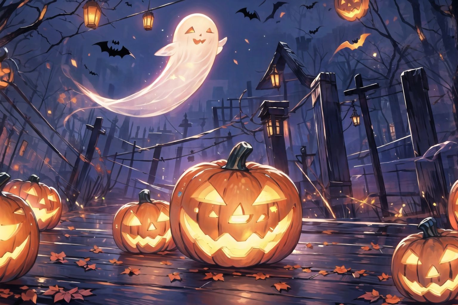 Best quality,16k,cg,pumpkin,night,Firefly,halloween,
ghost,Floating Spirit,lantern,look of misery,wood,starlight,fluorescence