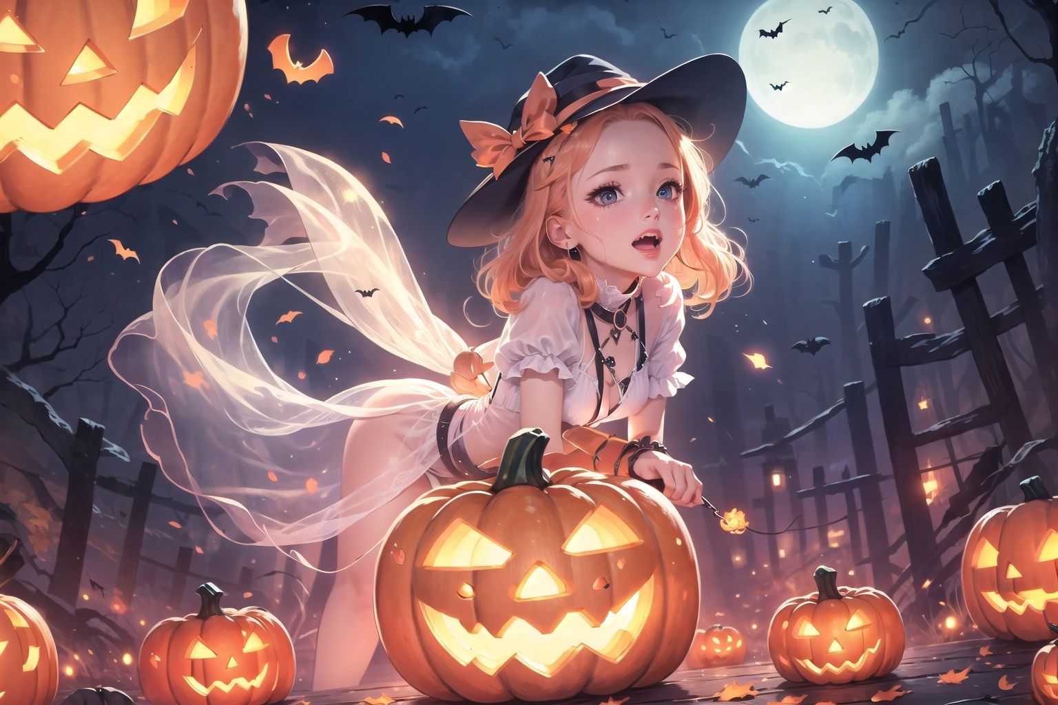  Best quality,16k,cg,pumpkin,night,troublemaker,Firefly,halloween,ghost