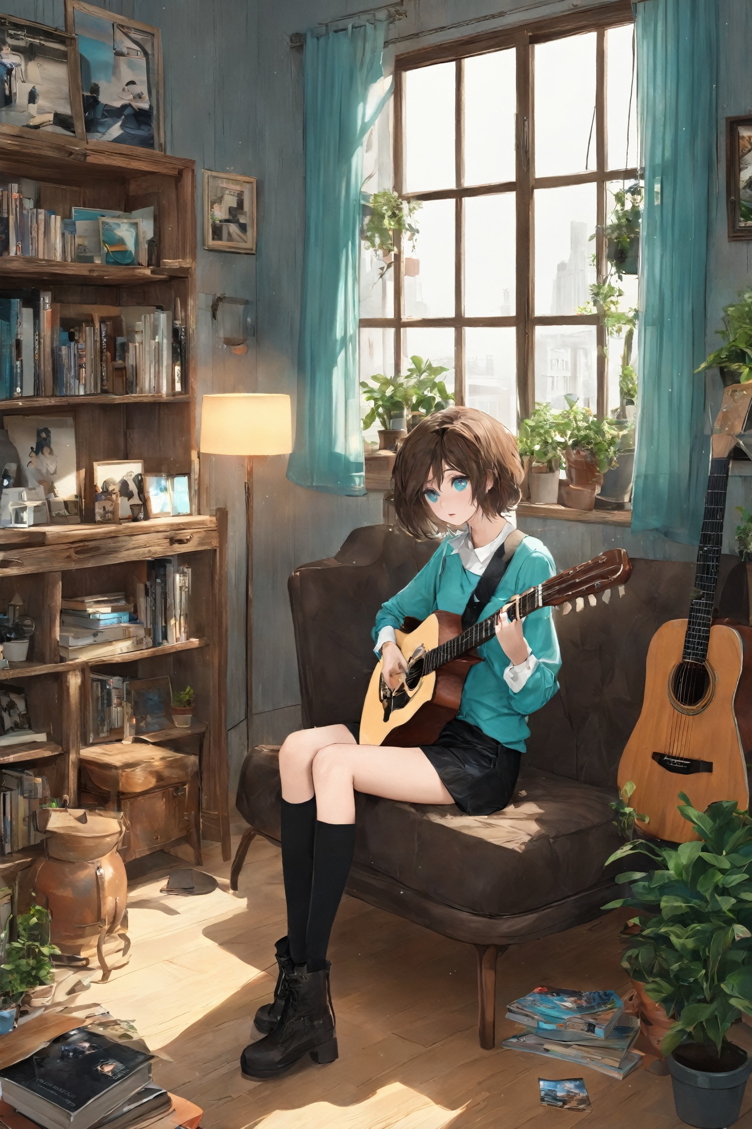 (masterpiece:1.2),(best quality:1.2),(Low saturation:1.2),(Light colors:1.2),(Isometric:1.1),good lighting,(A girl:1.5),aqua eyes,short hair,messy hair,expressionless,flat,shy,solo,Sitting position,(Lmao:1.5),Guitar,Bookcase,Hanging pictures,Windows,Curtains,Vintage wooden chair,Sundries,Potted Plants,Brown T-shirt,Black Short,Black Underwear,Long Boots,Knee high socks,Collar
