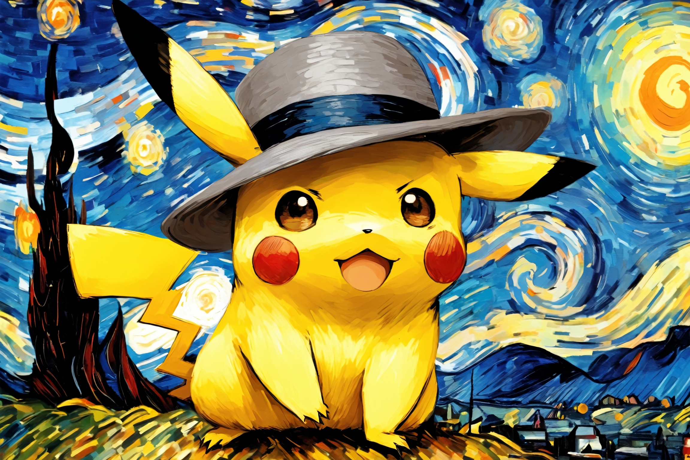 , portrait, soft blurry oil painting portriat of a close up shot of a (((Pikachu wearing a grey fedora hat by van Gogh))), starry night backdrop heavy brush strokes, by van Gogh