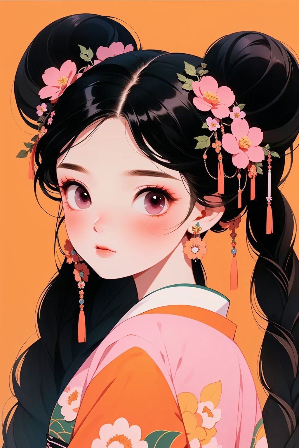 GBH, 1girl, solo, hair ornament, flower, double bun, looking at viewer, black hair, pink flower, simple background, upper body, earrings, braid, hair flower, blush, jewelry, kimono, makeup, floral print, twin braids,  closed mouth, orange background, tassel, bangs, front