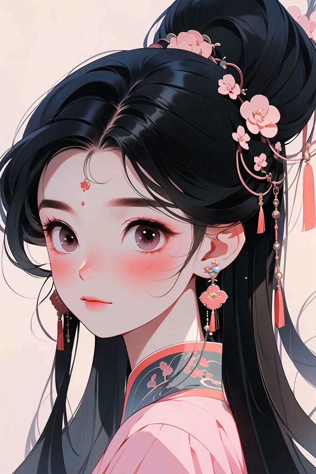 GBH, 1girl, solo, jewelry, earrings, black hair, long hair, looking at viewer, chinese clothes, simple background, hair ornament, blush, portrait, grey background, black eyes, tassel earrings, hair bun