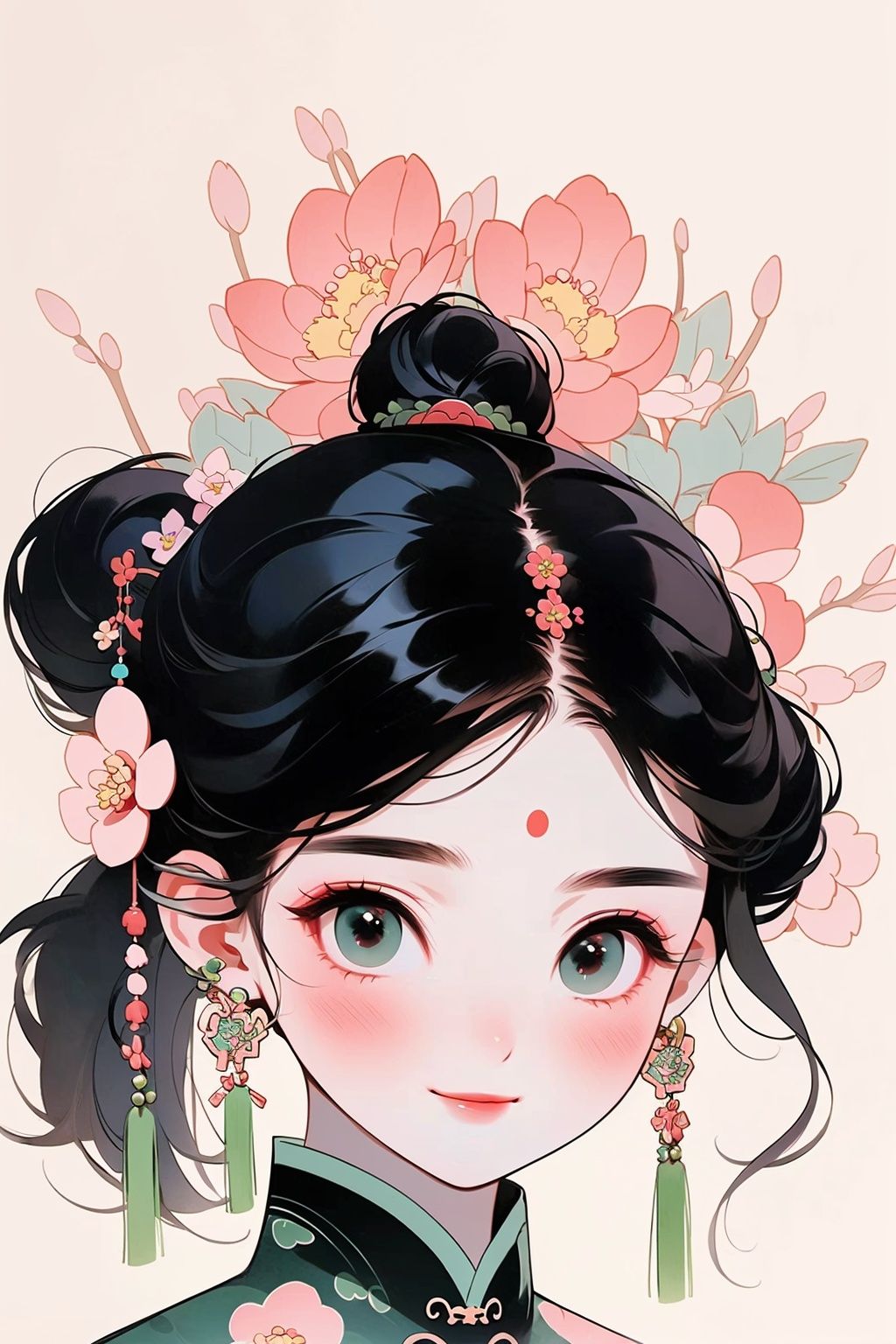 GBH, 1girl, solo, hair bun, earrings, jewelry, looking at viewer, black hair, forehead mark, double bun, hair ornament, blush, chinese clothes, tassel, simple background, smile, upper body, facial mark, portrait, closed mouth, flower, floral print, updo, flower earrings, Green eyes, red dots on the brow, ponytail