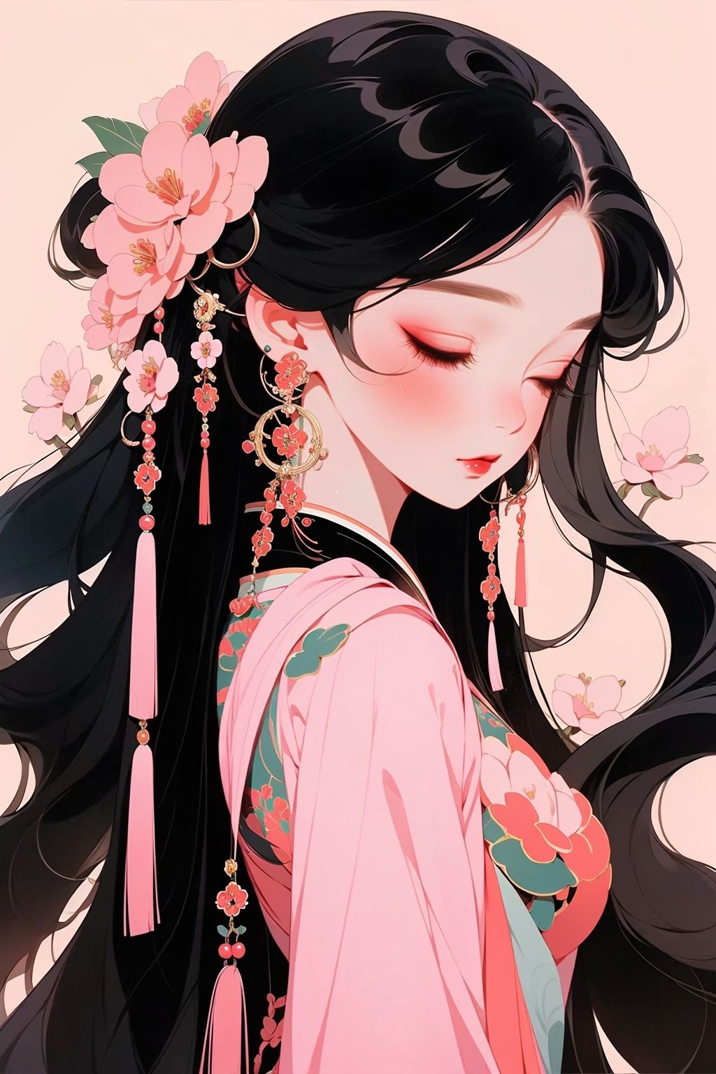 GBH, 1girl, solo, closed eyes, long hair, earrings, black hair, jewelry, hair ornament, flower, blush, chinese clothes, hair flower, bangs, eyelashes, pink flower, tassel, makeup, closed mouth, tassel earrings, facing viewer, upper body, red lips, floral print, simple background