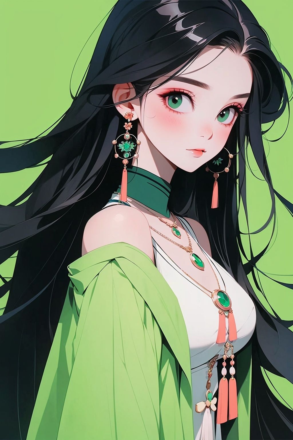 GBH, 1girl, jewelry, solo, earrings, black hair, long hair, looking at viewer, simple background, green eyes, green background, necklace, makeup, shirt, tassel, upper body, long-necked