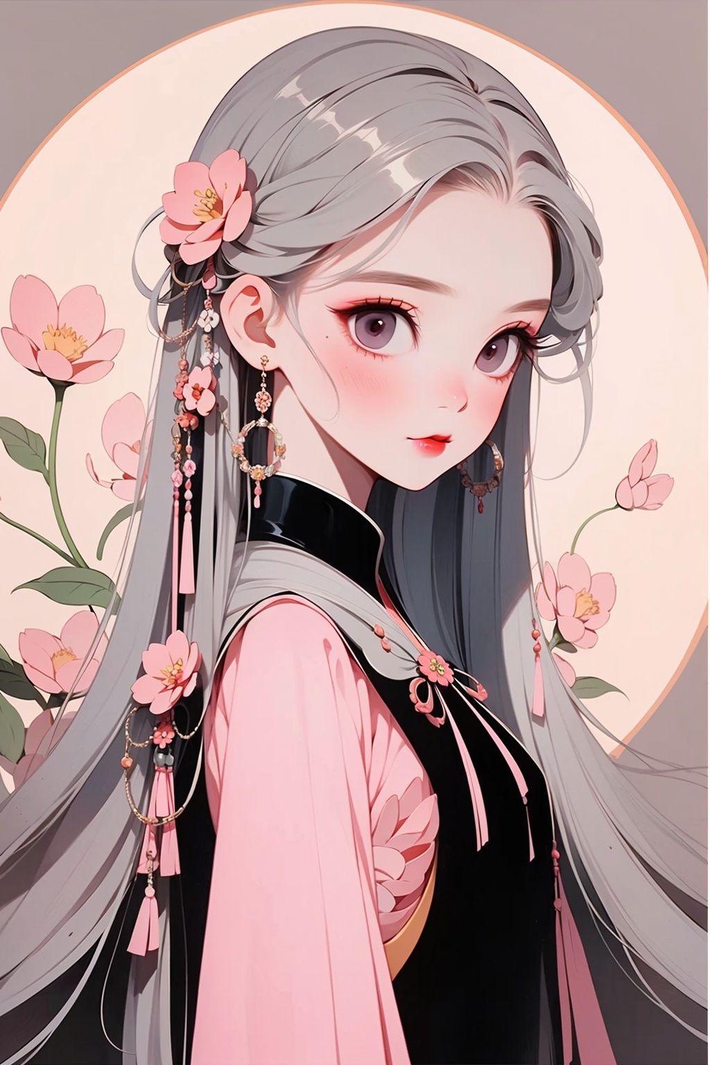 GBH, 1girl, solo, flower, long hair, hair ornament, hair flower, looking at viewer, grey hair, red lips, pink flower, grey eyes, upper body, makeup, forehead mark, ribbon, face front, long neck