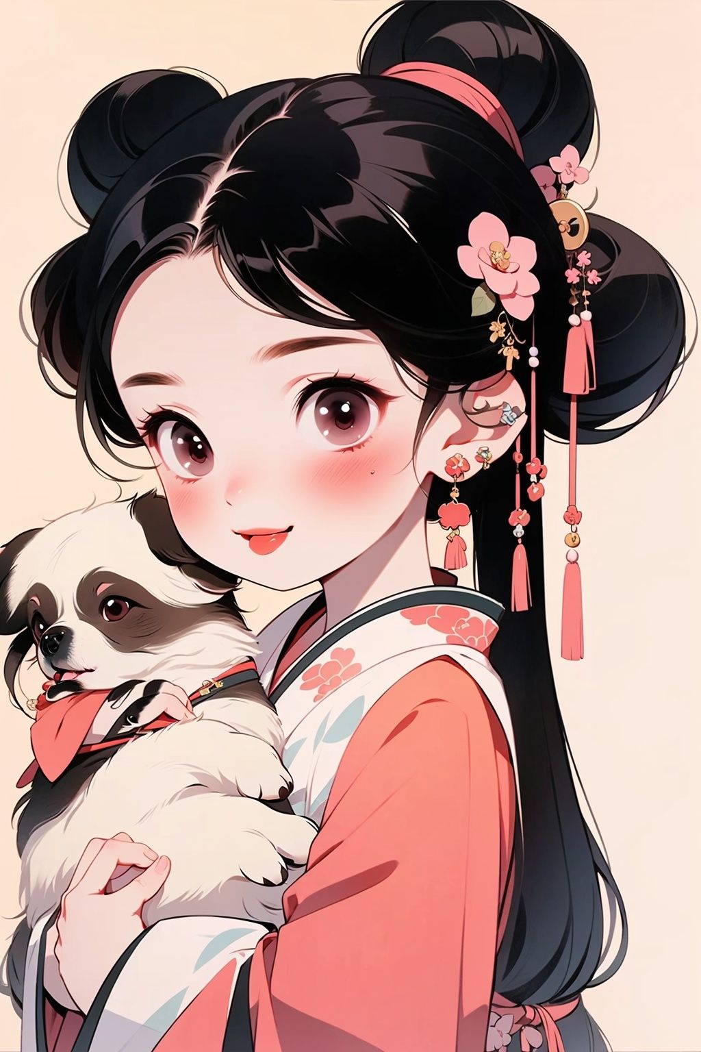 GBH, 1girl, black hair, dog, jewelry, earrings, blush, long hair, brown eyes, looking at viewer, simple background, hair ornament, solo, upper body, hair bun, animal, holding, single hair bun, smile, tongue, tongue out, parted lips, child, face front, red hanfu