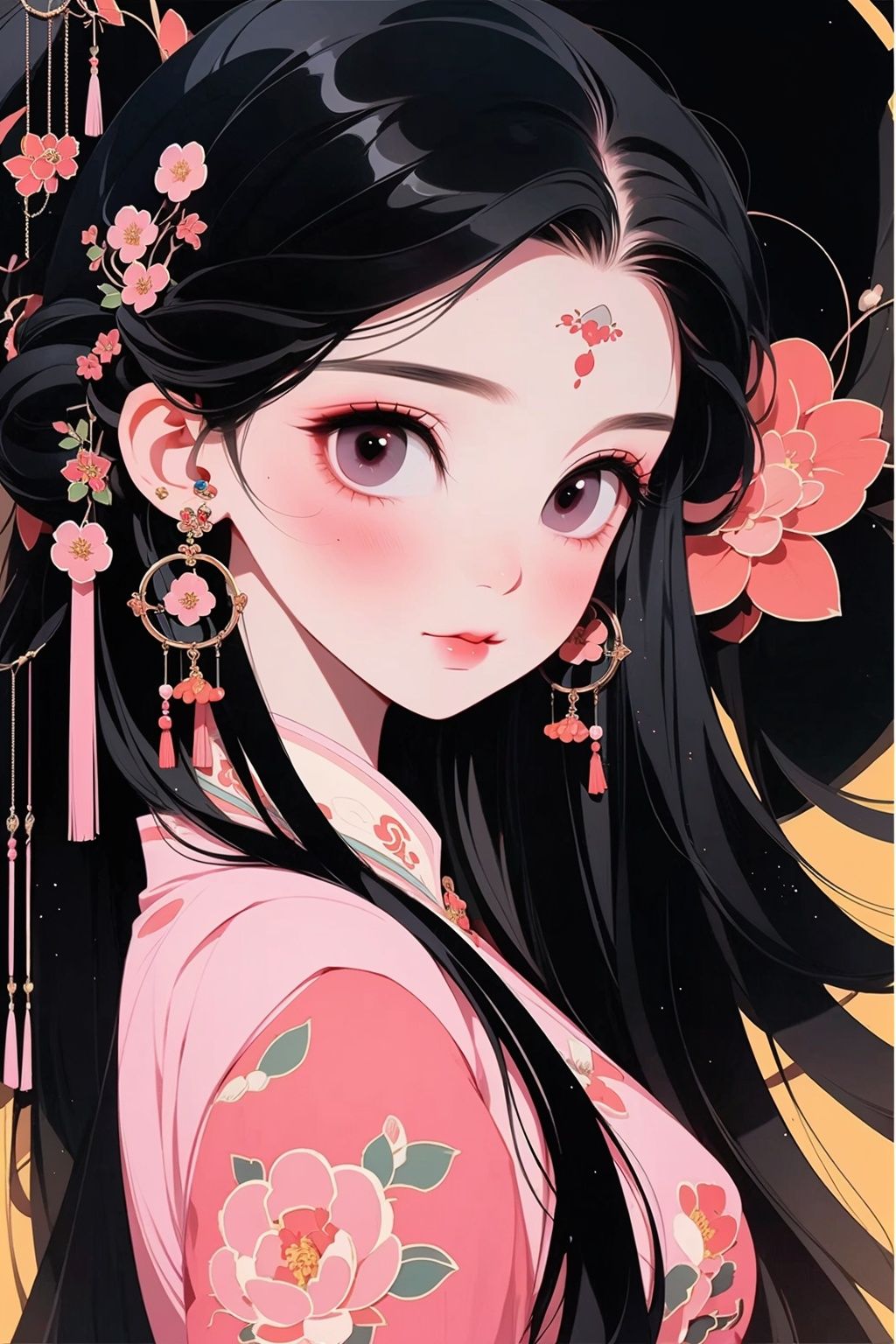 GBH, 1girl, solo, long hair, jewelry, black hair, earrings, looking at viewer, hair ornament, chinese clothes, flower, upper body, forehead mark, from side, blush, beads, looking to the side, facial mark, makeup, floral print, tassel, simple background, red lips, pink flower, hair stick, hair flower, black eyes, parted lips, black eyes, simple background