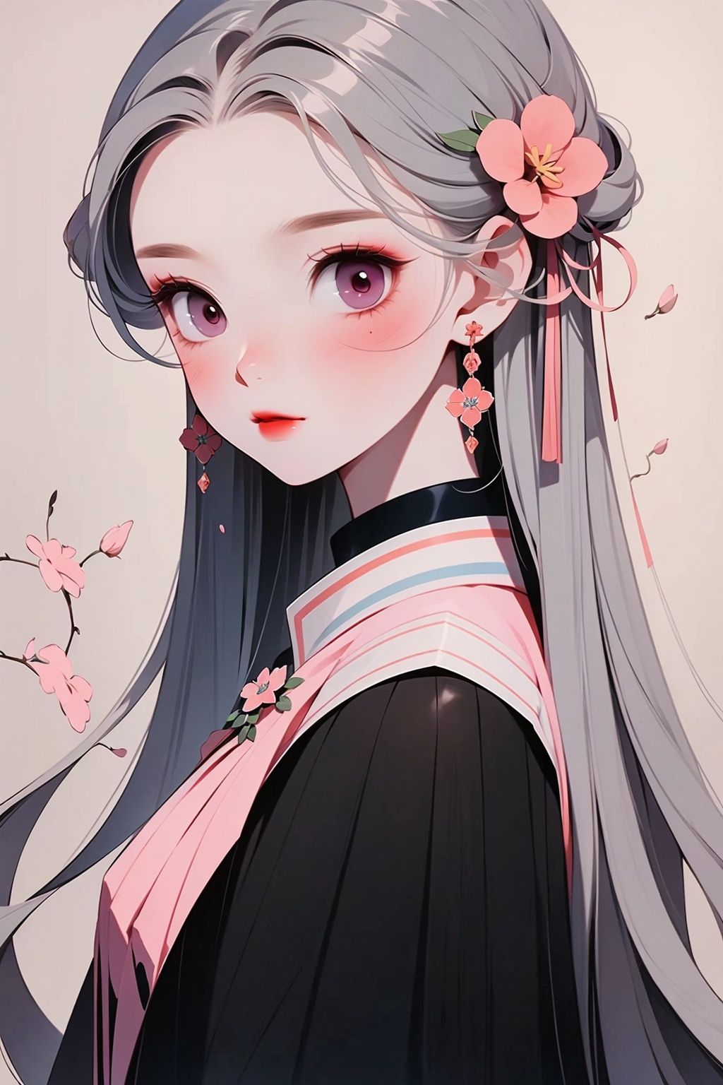 GBH, 1girl, solo, flower, long hair, hair ornament, hair flower, looking at viewer, grey hair, red lips, pink flower, grey eyes, upper body, makeup, forehead mark, ribbon, face front, long neck
