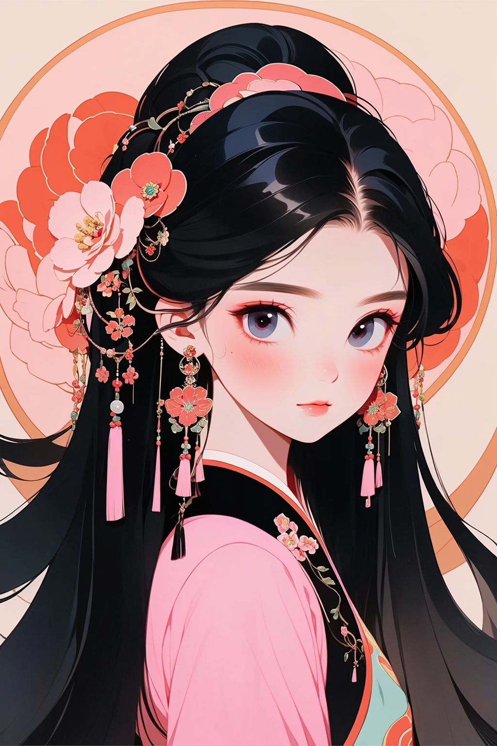 GBH, 1girl, solo, jewelry, black hair, earrings, hair ornament, flower, looking at viewer, hair flower, long hair, chinese clothes, simple background, pink flower, blush, makeup, closed mouth, tassel earrings, portrait, tassel, blue eyes, simple background