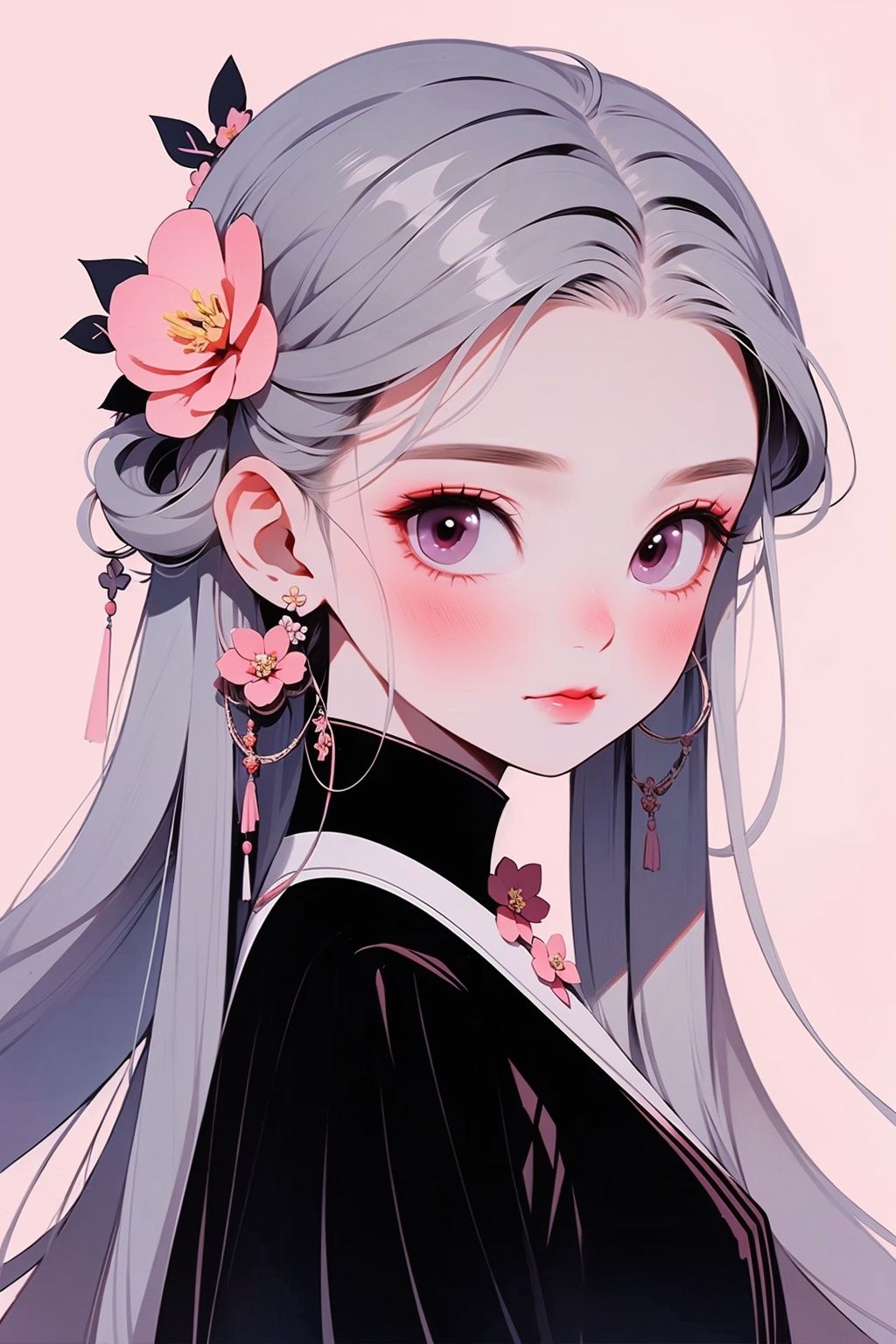 GBH, 1girl, solo, flower, long hair, hair ornament, hair flower, looking at viewer, grey hair, red lips, pink flower, grey eyes, upper body, makeup, forehead mark, ribbon, face front, long neck