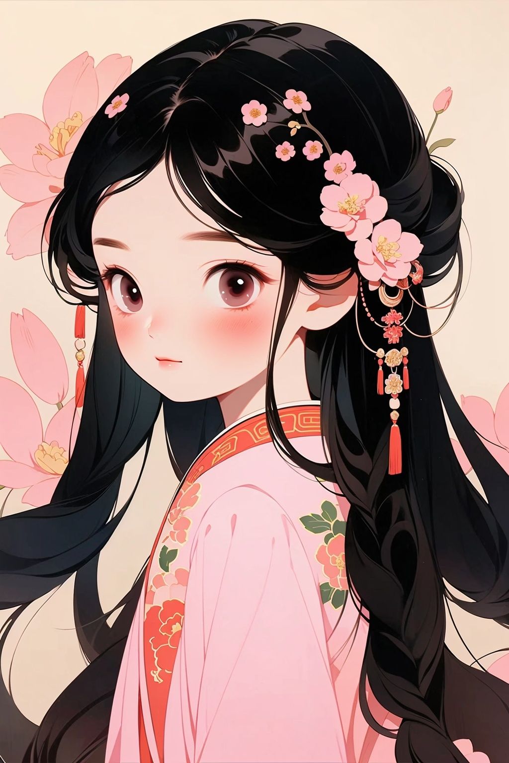 GBH, 1girl, solo, braid, black hair, long hair, hair ornament, looking at viewer, twin braids, blush, floral print, brown eyes, flower, simple background, upper body, tassel, hair flower, pink flower, closed mouth, black eyes, simple background, Chinese clothes, child