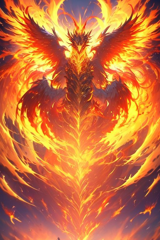 (best quality,4k,8k,highres,masterpiece:1.2),studio lighting,ultra-fine painting,extreme detailed,divine beast,phoenix,fire,flame,dynamic pose,golden glowing,golden glowing eyes,(glowing body:1.3),glowing wings,yellow eyes,no humans,<lora:DivineBeast:1>,