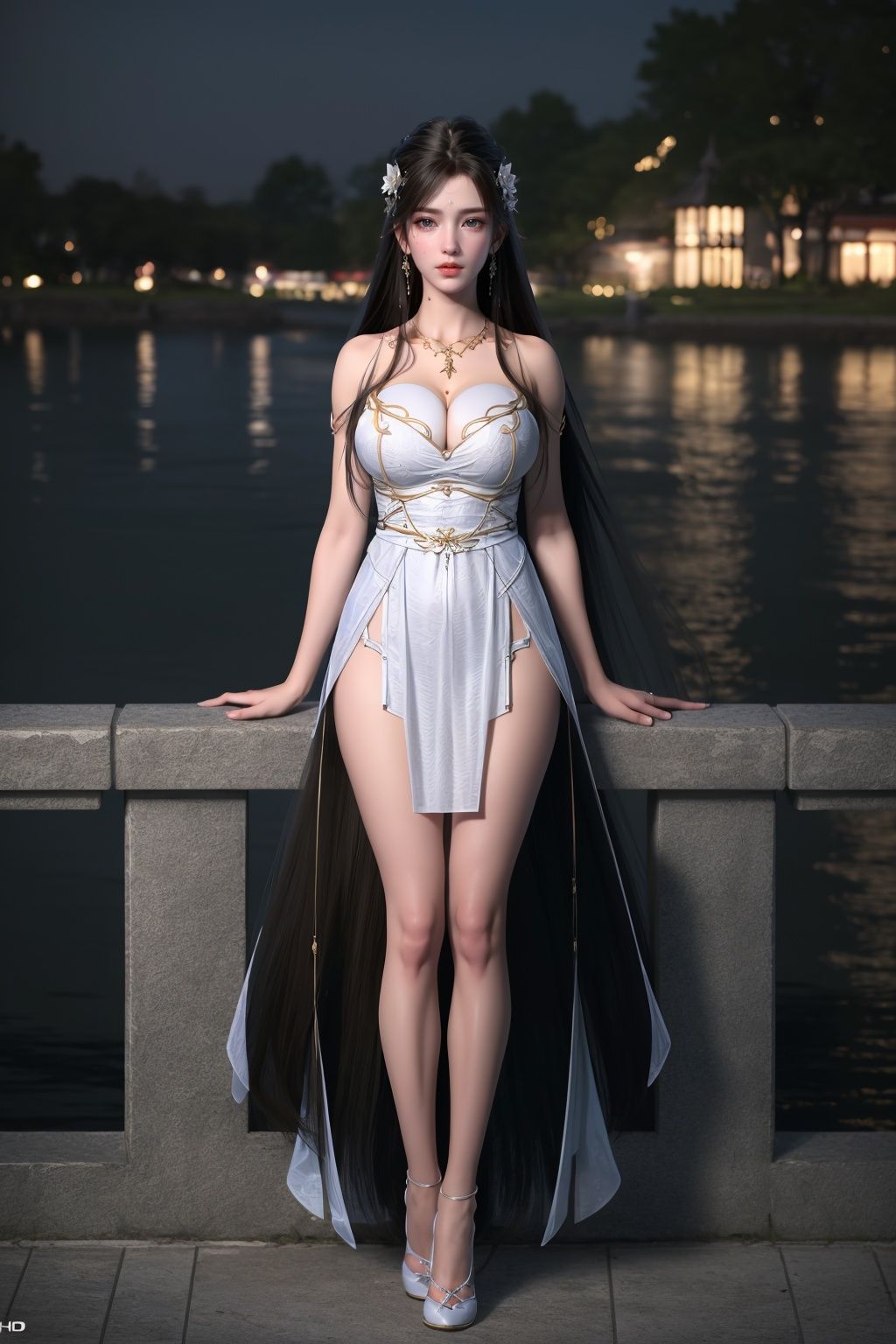 (8k, RAW photo, best quality, masterpiece:1.2),(super realistic, photo-realistic:1.3), ultra-detailed, extremely detailed cg 8k wallpaper,hatching (texture),skin gloss,light persona,(crystalstexture skin:1.2), (extremely delicate and beautiful),night, beautiful detailed water,Lotus, at night, by the river,  1girl, long hair, solo, (full body:1.7), bare shoulders, sitting,spread legs, (full shot), (breasts,medium_breasts, cleavage:1.2),looking_at_viewer, qy-hd,<lora:1018qyxx:0.8> , 