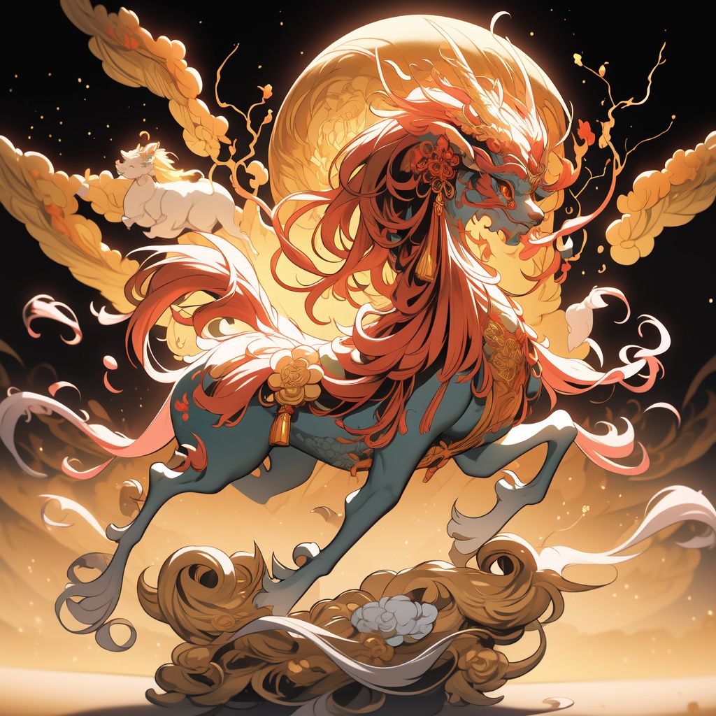 (best quality,4k,8k,highres,masterpiece:1.2),studio lighting,ultra-fine painting,sharp focus,physically-based rendering,extreme detailed,An ancient and majestic Chinese mythical creature,the Qilin,qilin,black body,no humans,Chinese mythology,mythical creature,celestial,regal,divine,ancient,serene,peaceful,harmonious,auspicious,ornate,graceful,elaborate design,magical,ethereal,guardian of prosperity,serenity,celestial beast,holiness,ceremonial appearance,hooves and mane,horn,divine presence,beauty and grace,auspicious creature,mythical energy,<lora:qilin:1>,<lora:Guofeng_mengwan_v1:1>,