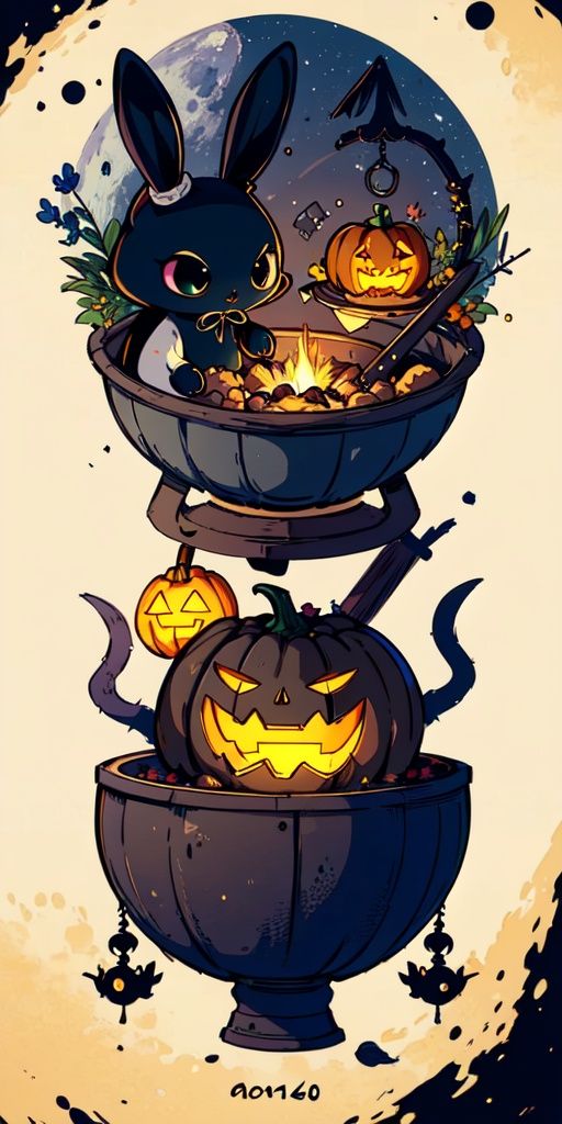 (best quality,4k,8k,highres,masterpiece:1.2),ultra-detailed,no humans,black rabbit,chibi,cute,cone hat,cauldron full of posion,moon,halloween,,