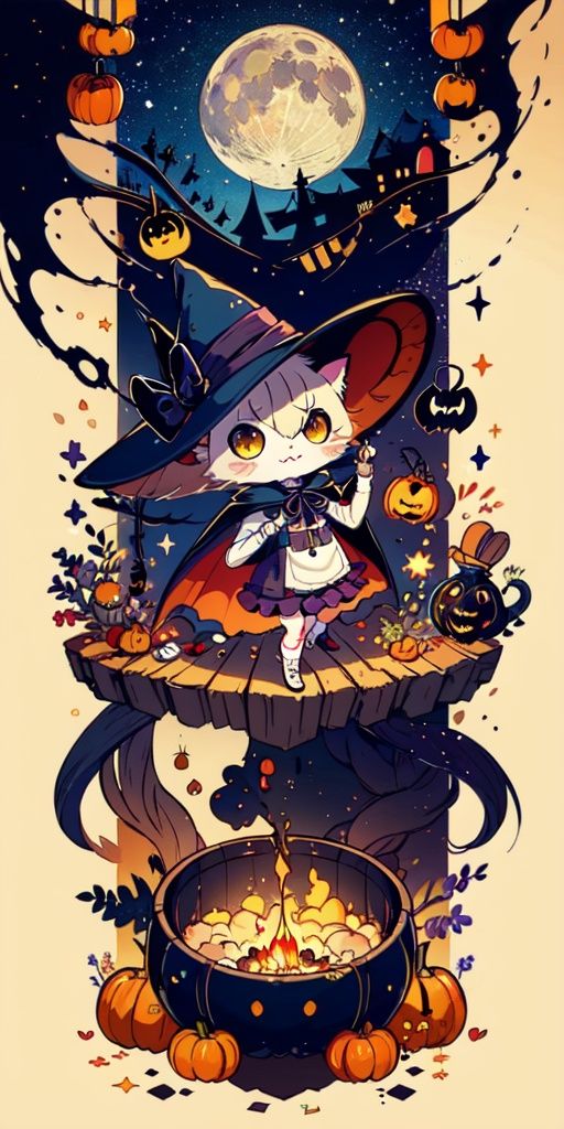 (best quality,4k,8k,highres,masterpiece:1.2),ultra-detailed,no humans, calico cat,ribbon,cape, chibi,cute,cone hat,cauldron full of position, moon,halloween,,