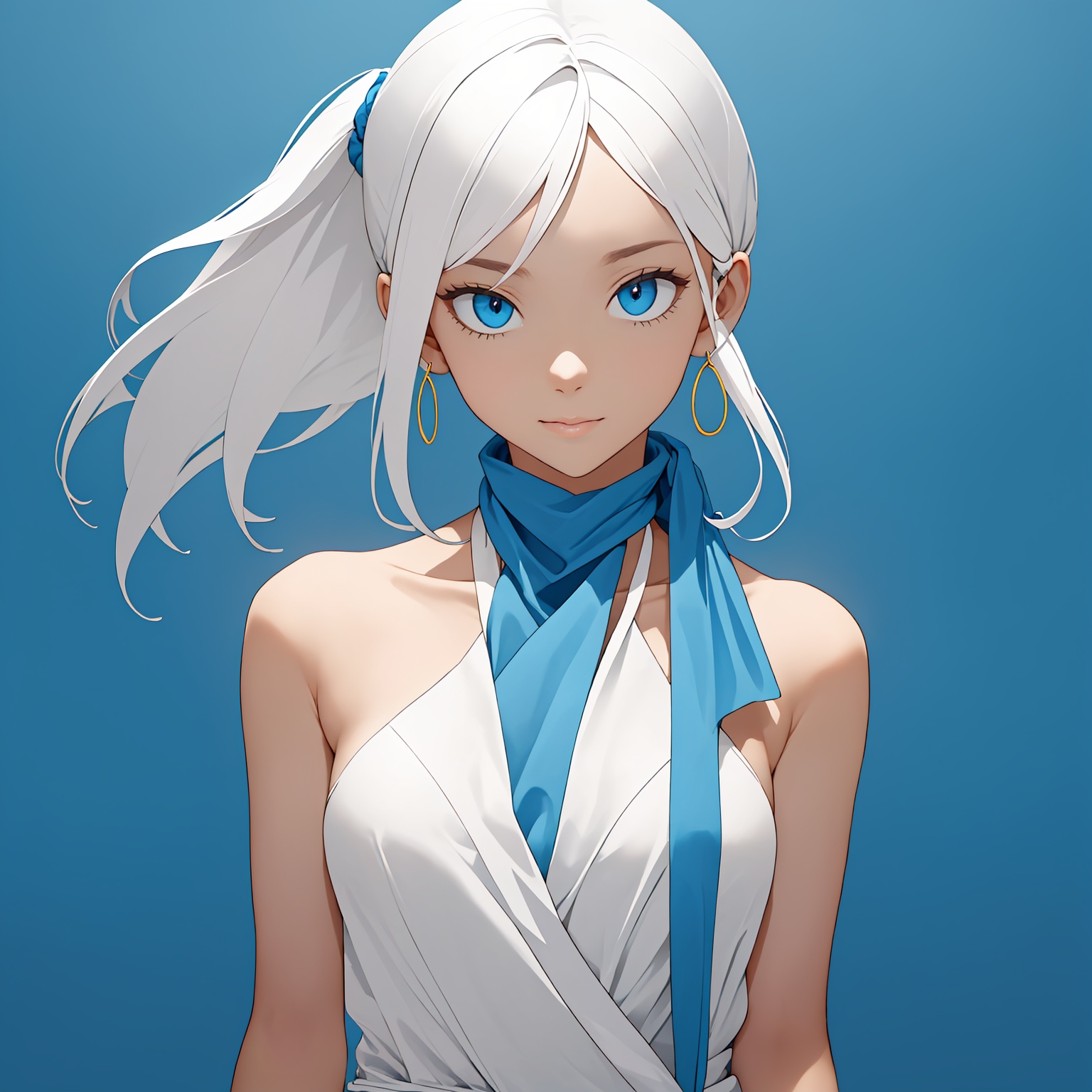 Image of a bold,  simple solid blue background. soft smileBREAKThe only visible accessory is a pair of white earphones dra...