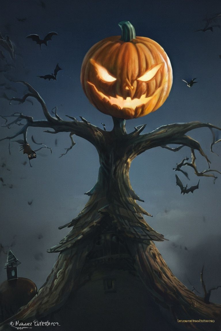 night, moon, jack-o'-lantern, halloween, tree, signature, house, full moon, bare tree, pumpkin, bat \(animal\), outdoors, no humans, night sky, solo, <lora:万圣节:0.95>, 