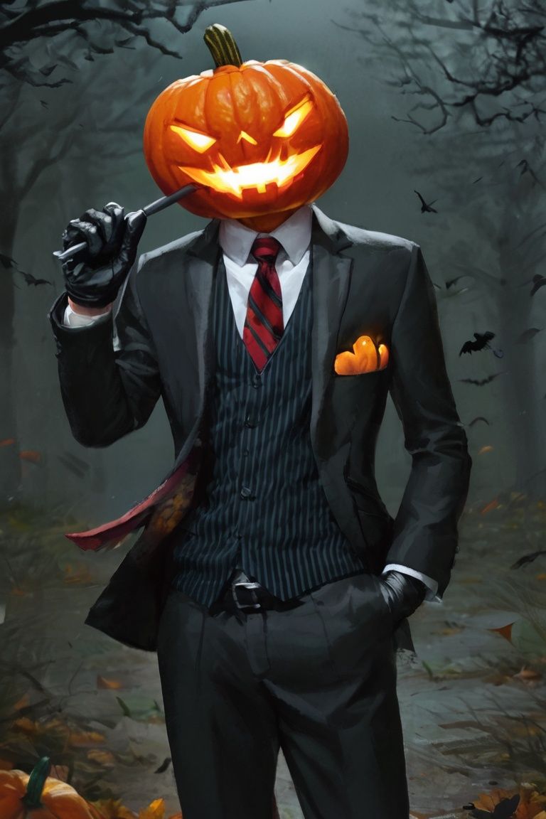 jack-o'-lantern, necktie, formal, suit, shirt, pants, hand in pocket, umbrella, black gloves, solo, gloves, crow, bird, belt, halloween, black pants, collared shirt, 1boy, male focus, black suit, jacket, holding, pumpkin, black jacket, black umbrella, holding umbrella, striped, red necktie, tree, white shirt, vest, glowing, bare tree, <lora:万圣节:0.75>,