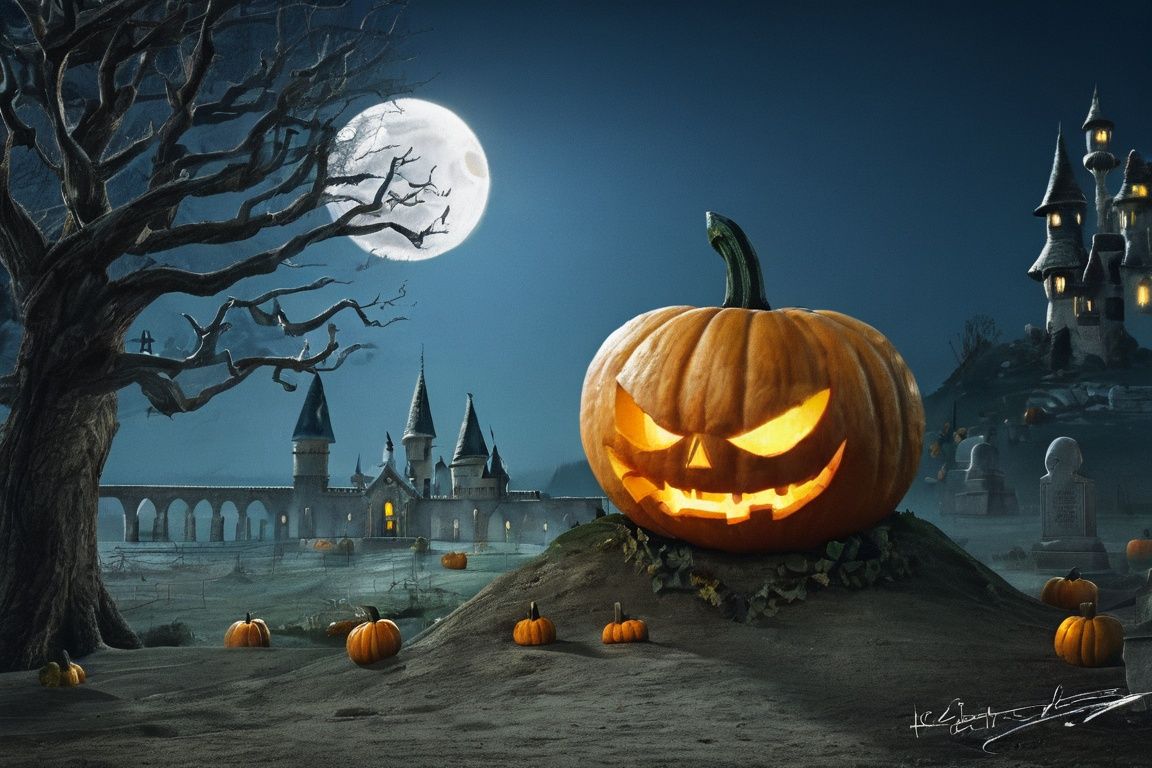 jack-o'-lantern, moon, halloween, pumpkin, no humans, night, tree, outdoors, full moon, tombstone, scenery, bare tree, castle, signature, <lora:万圣节:0.75>, 