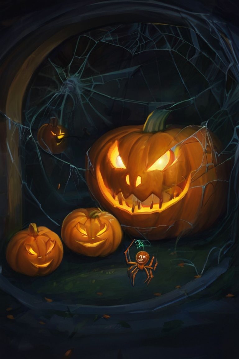 no humans, jack-o'-lantern, pumpkin, halloween, spider web, silk, night<lora:万圣节:0.75>,