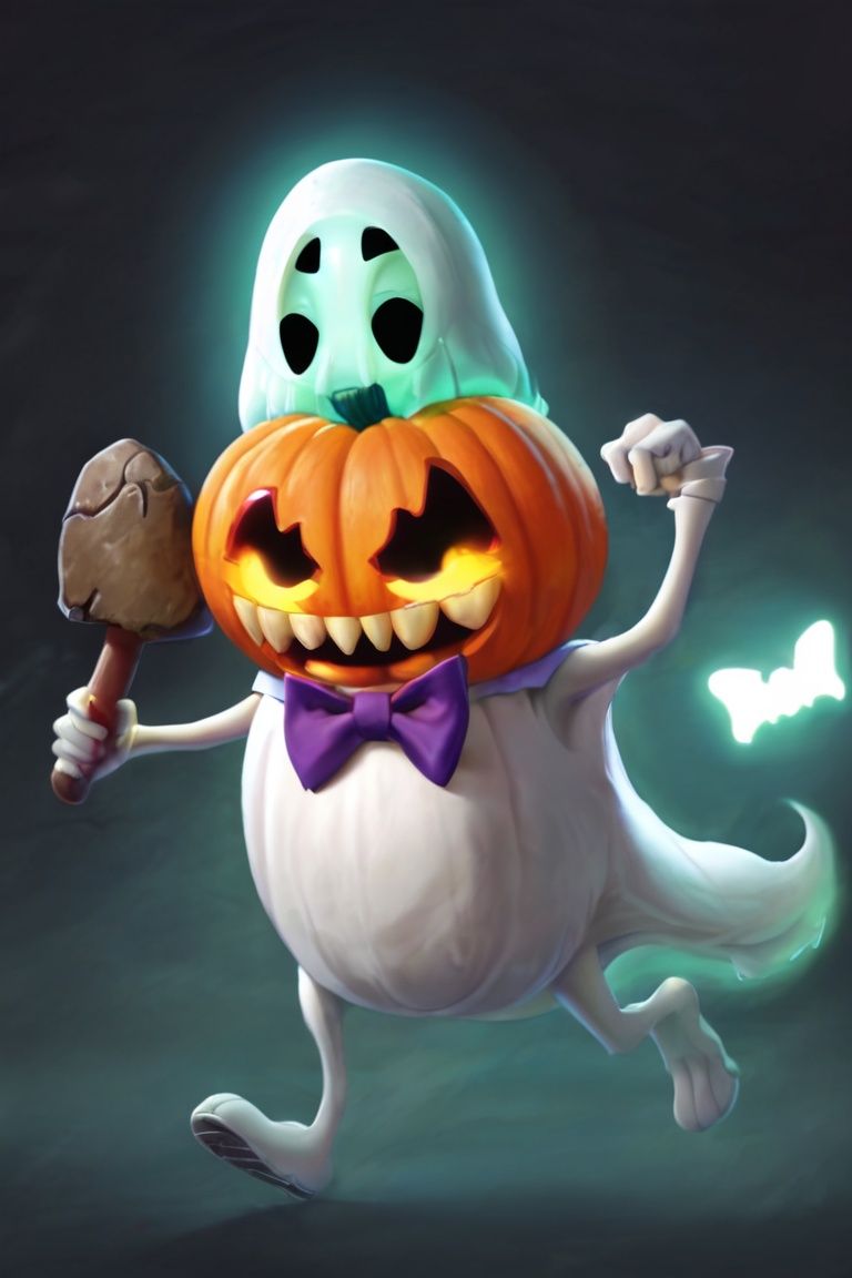 ghost, mushroom, glowing, bowtie, no humans, halloween, bow, glowing eyes, jack-o'-lantern, pumpkin, night, teeth, running, holding, sharp teeth, axe, tongue, open mouth, tongue out, <lora:万圣节:0.75>, 