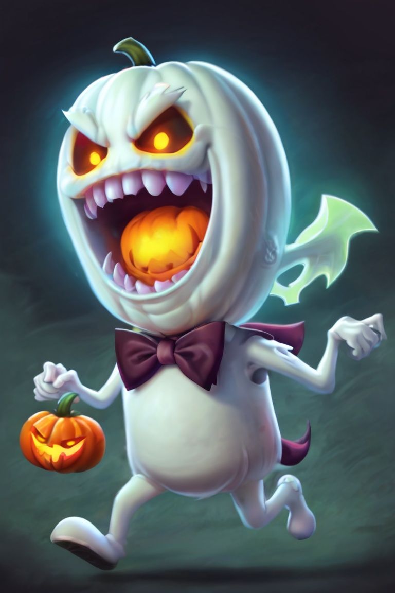 ghost, mushroom, glowing, bowtie, no humans, halloween, bow, glowing eyes, jack-o'-lantern, pumpkin, night, teeth, running, holding, sharp teeth, axe, tongue, open mouth, tongue out, <lora:万圣节:0.75>, 