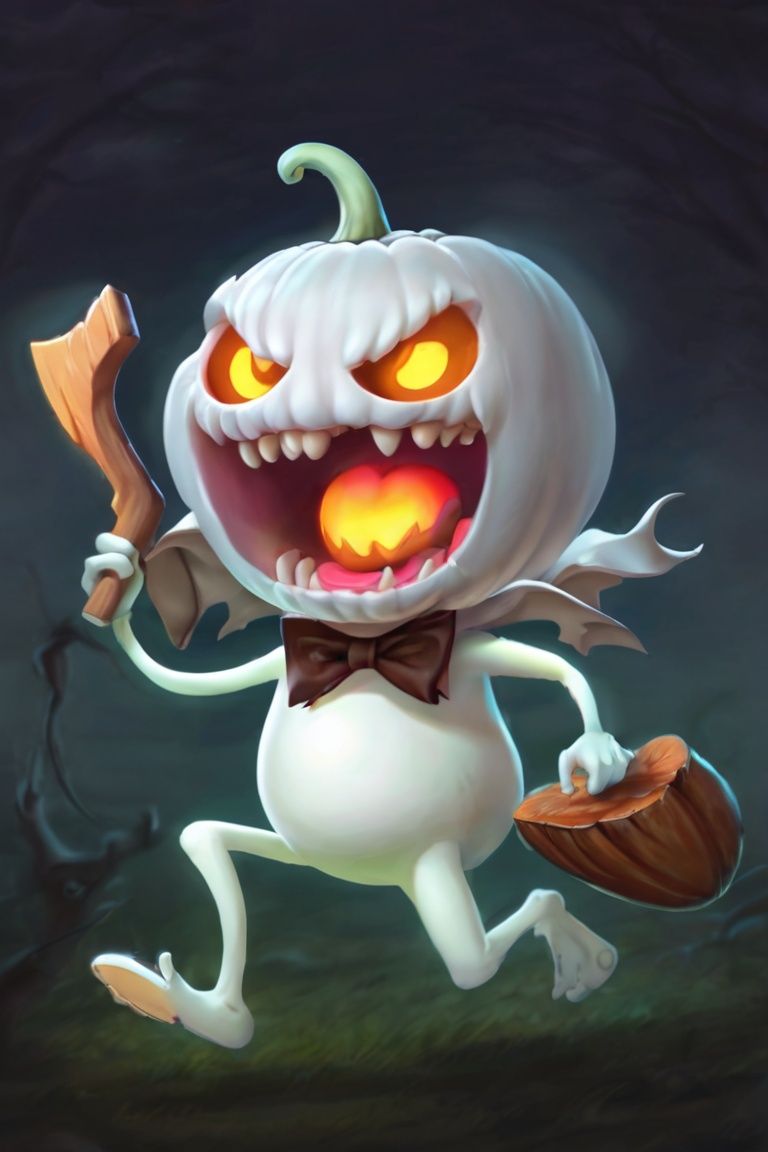 ghost, mushroom, glowing, bowtie, no humans, halloween, bow, glowing eyes, jack-o'-lantern, pumpkin, night, teeth, running, holding, sharp teeth, axe, tongue, open mouth, tongue out, <lora:万圣节:0.75>, 