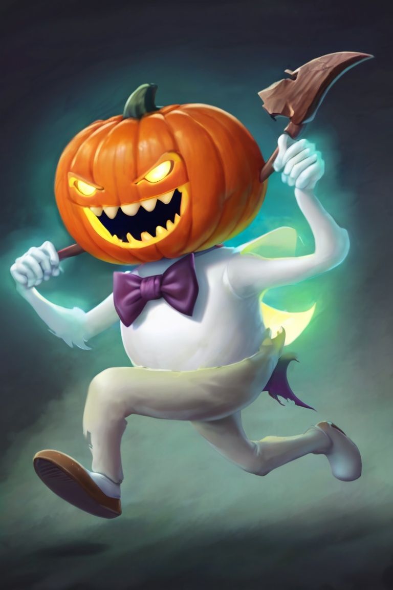 ghost, mushroom, glowing, bowtie, no humans, halloween, bow, glowing eyes, jack-o'-lantern, pumpkin, night, teeth, running, holding, sharp teeth, axe, tongue, open mouth, tongue out, <lora:万圣节:0.75>, 