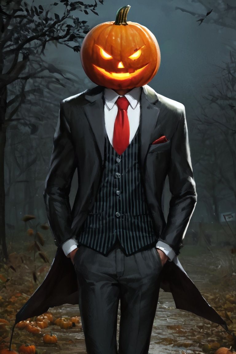 jack-o'-lantern, necktie, formal, suit, shirt, pants, hand in pocket, umbrella, black gloves, solo, gloves, crow, bird, belt, halloween, black pants, collared shirt, 1boy, male focus, black suit, jacket, holding, pumpkin, black jacket, black umbrella, holding umbrella, striped, red necktie, tree, white shirt, vest, glowing, bare tree, <lora:万圣节:0.75>,