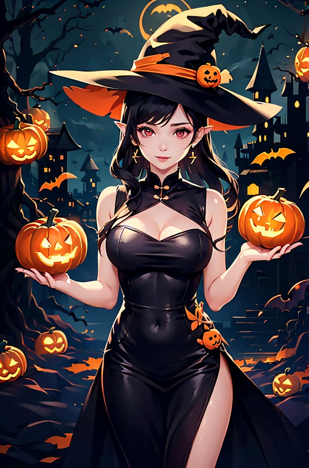  zichun,1girl,solo,earrings,jewelry,hat,red eyes,jack-o'-lantern,pointy ears,looking at viewer,long hair,witch hat,halloween,upper body,dress,pumpkin,white hair,black dress,breasts,black headwear,glowing,bangs,closed mouth,witch,thorns,black background,lips,medium breasts,fire,artist name,english text, zichun, tifa,full_body,yueyue