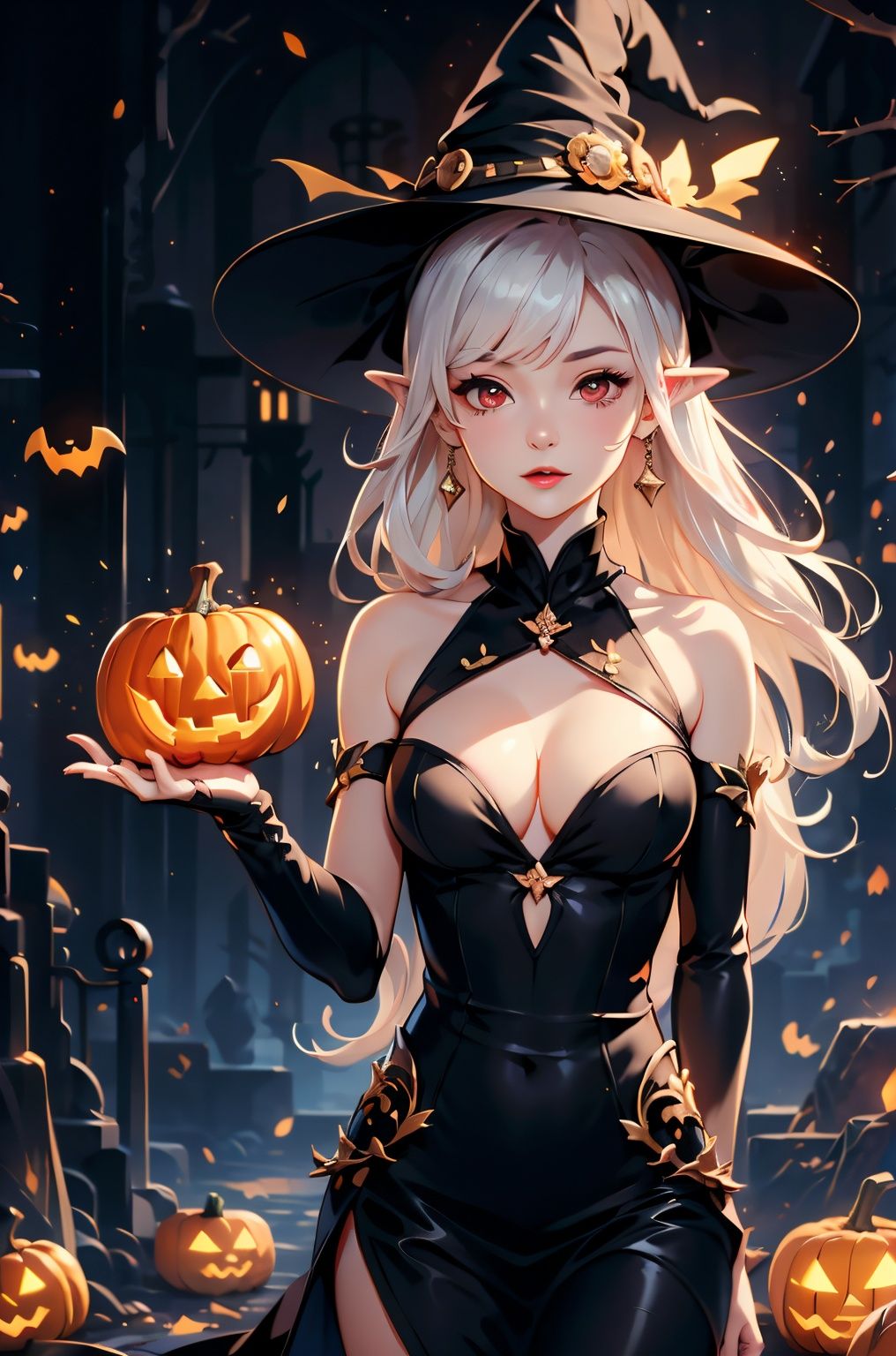  zichun,1girl,solo,earrings,jewelry,hat,red eyes,jack-o'-lantern,pointy ears,looking at viewer,long hair,witch hat,halloween,upper body,dress,pumpkin,white hair,black dress,breasts,black headwear,glowing,bangs,closed mouth,witch,thorns,black background,lips,medium breasts,fire,artist name,english text, zichun, tifa,full_body,yueyue