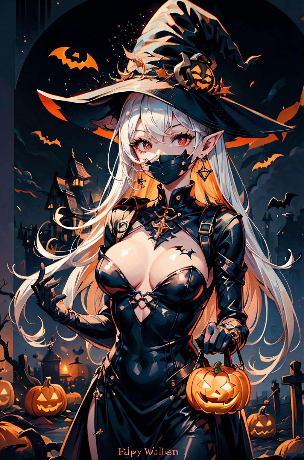  zichun,1girl,solo,earrings,jewelry,hat,red eyes,jack-o'-lantern,pointy ears,looking at viewer,long hair,witch hat,halloween,upper body,dress,pumpkin,white hair,black dress,breasts,black headwear,glowing,bangs,closed mouth,witch,thorns,black background,lips,medium breasts,fire,artist name,english text, zichun, tifa,full_body,yueyue