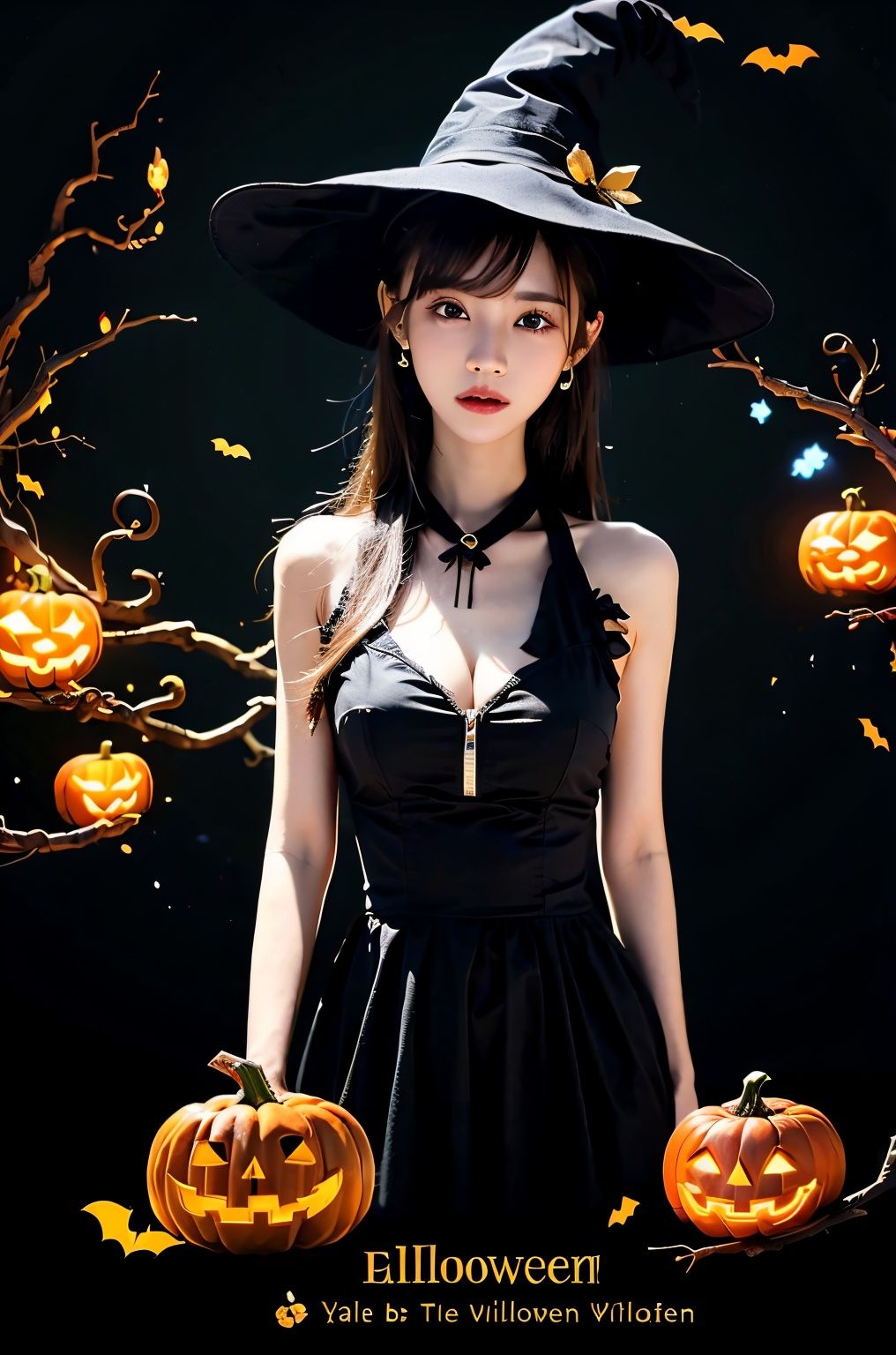  zichun,1girl,solo,earrings,jewelry,hat,red eyes,jack-o'-lantern,pointy ears,looking at viewer,long hair,witch hat,halloween,upper body,dress,pumpkin,white hair,black dress,breasts,black headwear,glowing,bangs,closed mouth,witch,thorns,black background,lips,medium breasts,fire,artist name,english text, zichun, tifa,full_body,yueyue