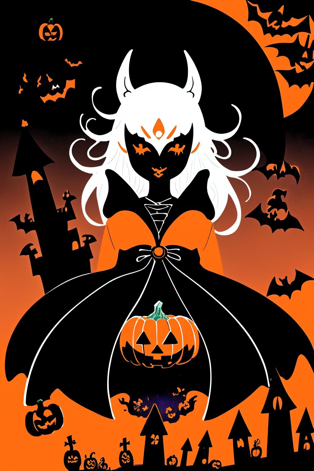  yueyue,((masterpiece:1)),(((best quality))),illustration,extremely detailed 8k wallpaper,colorful, 1girl,white hair,red eyes,shining eyes, (ghost) beautiful and detailed cloudy sky,castle,bat (animal),(halloween:1.1),full red moon,Beautiful and detailed black,(jack-o'-lantern:0.8) (Abstract Art:1.35),(flat color:1.3),(high contrast:1.3),happy halloween,(candy:1.2) , wansheng, （Pumpkin mask：1.4）