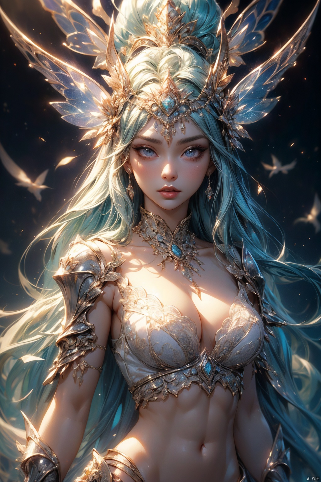 Wearing sexy transparent platinum lace armor、Close-up of woman holding lotus,  Headdress,  Violet necklace on Tensor.Art