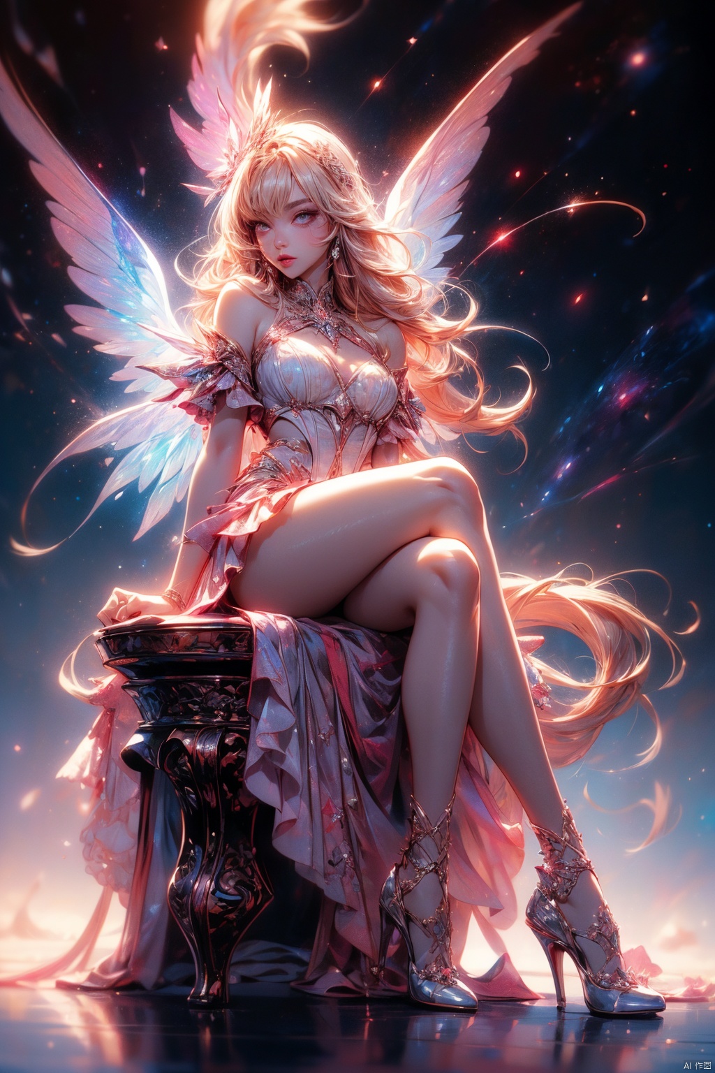 4K Ultra HD, Masterpiece, A girl with a magical aura, Good face, Long hair, shinny hair, Detailed eyes, Glossy lips, Wearing a red Lolita costume, The aura around the body, Magical effect, Spread white light, Cosmic elements and ethereal atmosphere, A mix of bright lights and colorful nebulae, universe background, Sitting, Full body capture.