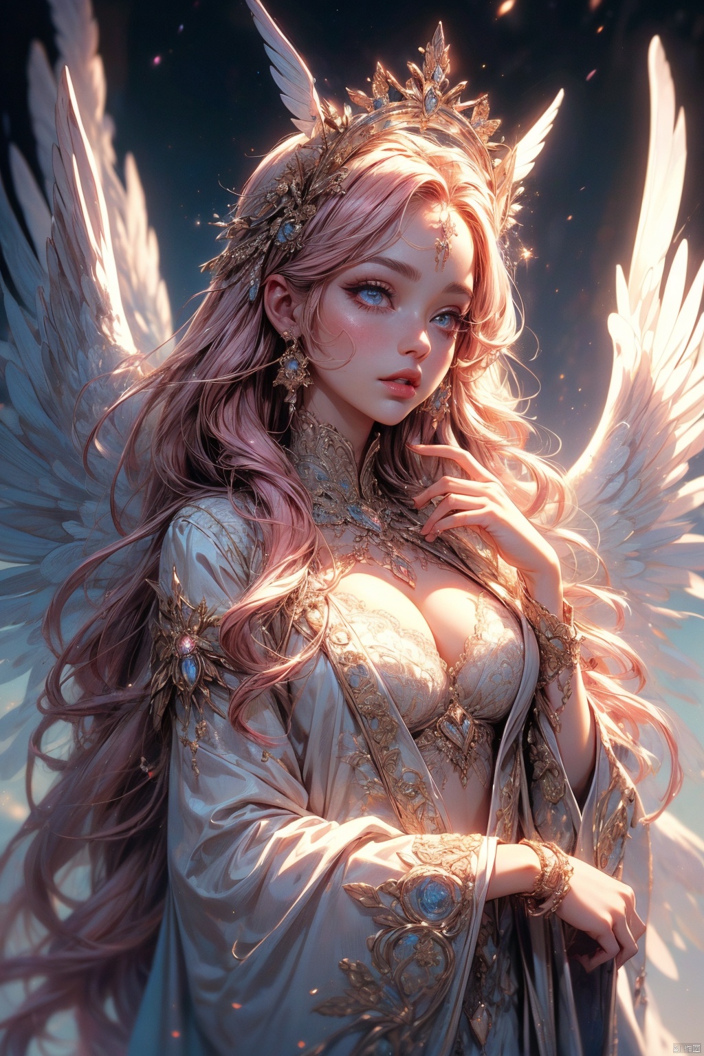 ((original photo)), ((masterpiece)), Anthropomorphic humanoid angel girl wearing white noble robe, intricate details,  Intricate Gribbles Works, The sky behind, Pink, beautiful wings, Detailed eyes and lips
