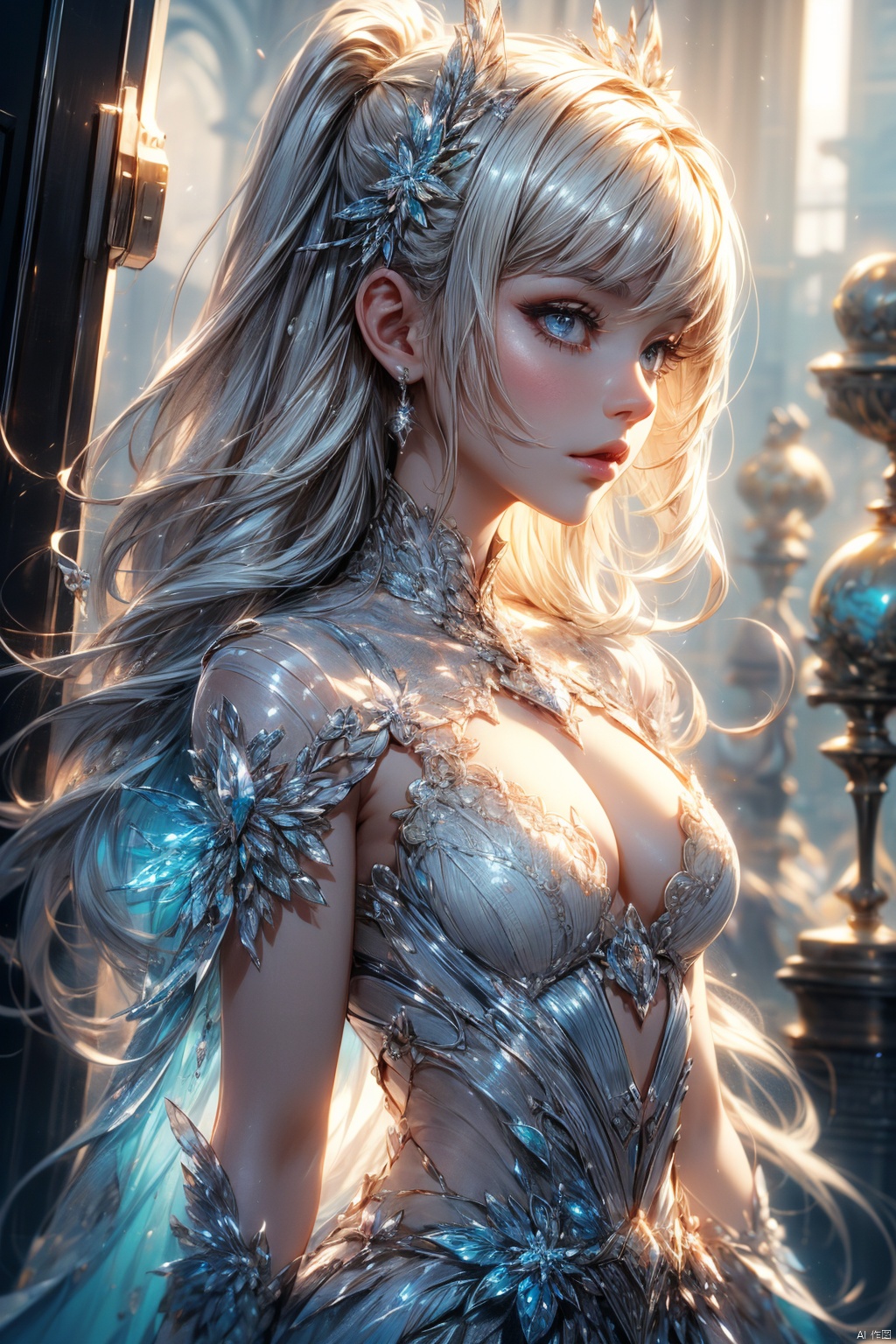 crystal covering, Upper body, side shot, alternative color, masterpiece, Detailed description, actual, Pixiv top quality, Beautifully, {{{kawaii1girl}}}, Super beauty fused with machine, Sophisticated shabby chic pattern, sparkling beautiful women, Half of my body is made of machines, Transparent glass body, The machines inside the body are all transparent, movie lighting, dynamic angle, dynamic poses, Crystal World, depth of field