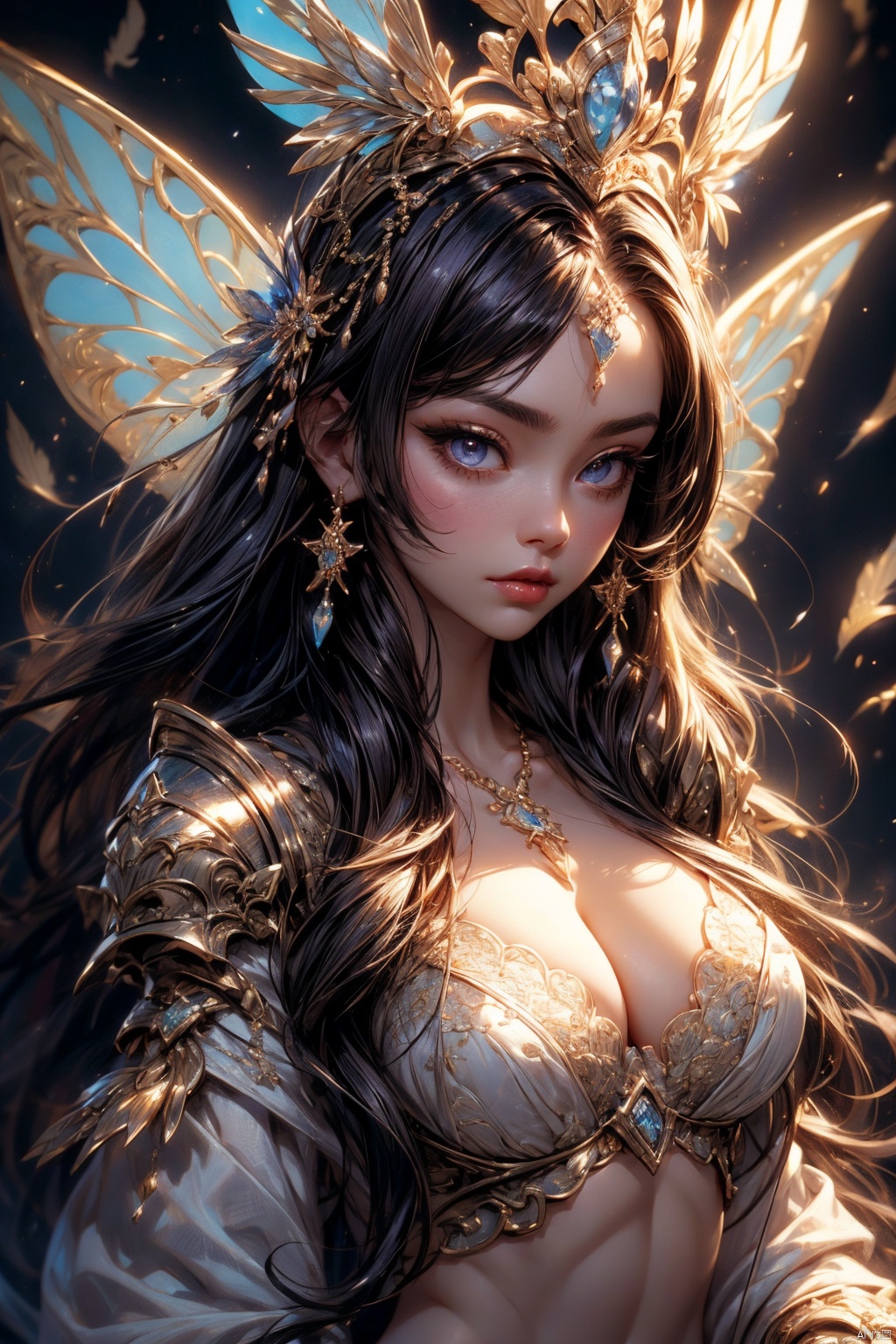 Wearing sexy transparent platinum low-cut lace armor cleavage、Close-up of woman holding lotus,  Headdress,  Violet necklac...