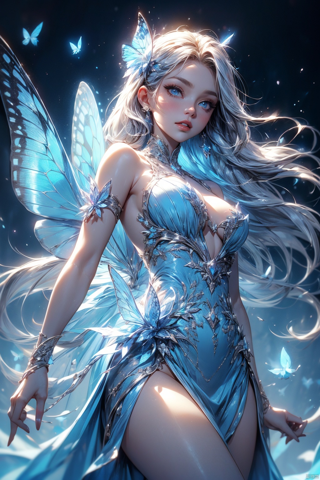 Frost Goddess,Frozen fluid,Ice World,ice,1girl,Translucent clothing,air bubble,blue butterfly,blue eyes,blue nails,breasts,Positive, character on the right, upper body, above knee level,Dynamic pose,bubble,Blue butterfly wings,butterfly wings,crystal,dress,glowing butterfly,long hair,looking at viewer,medium breasts,parted lips,solo,water