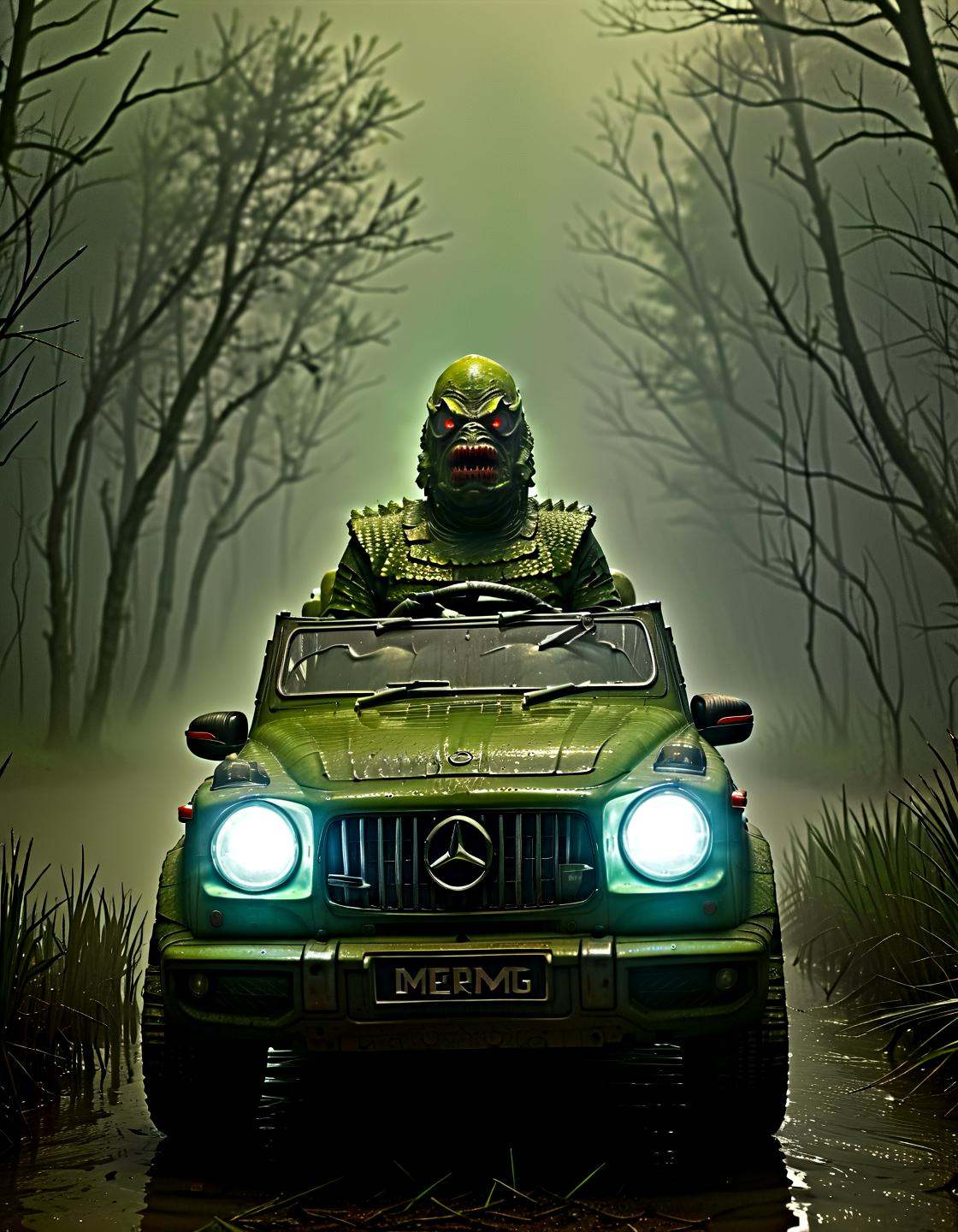 Horror Films (Gill_man) driving a mg63,  retro look,  in a swamp on Tensor.Art