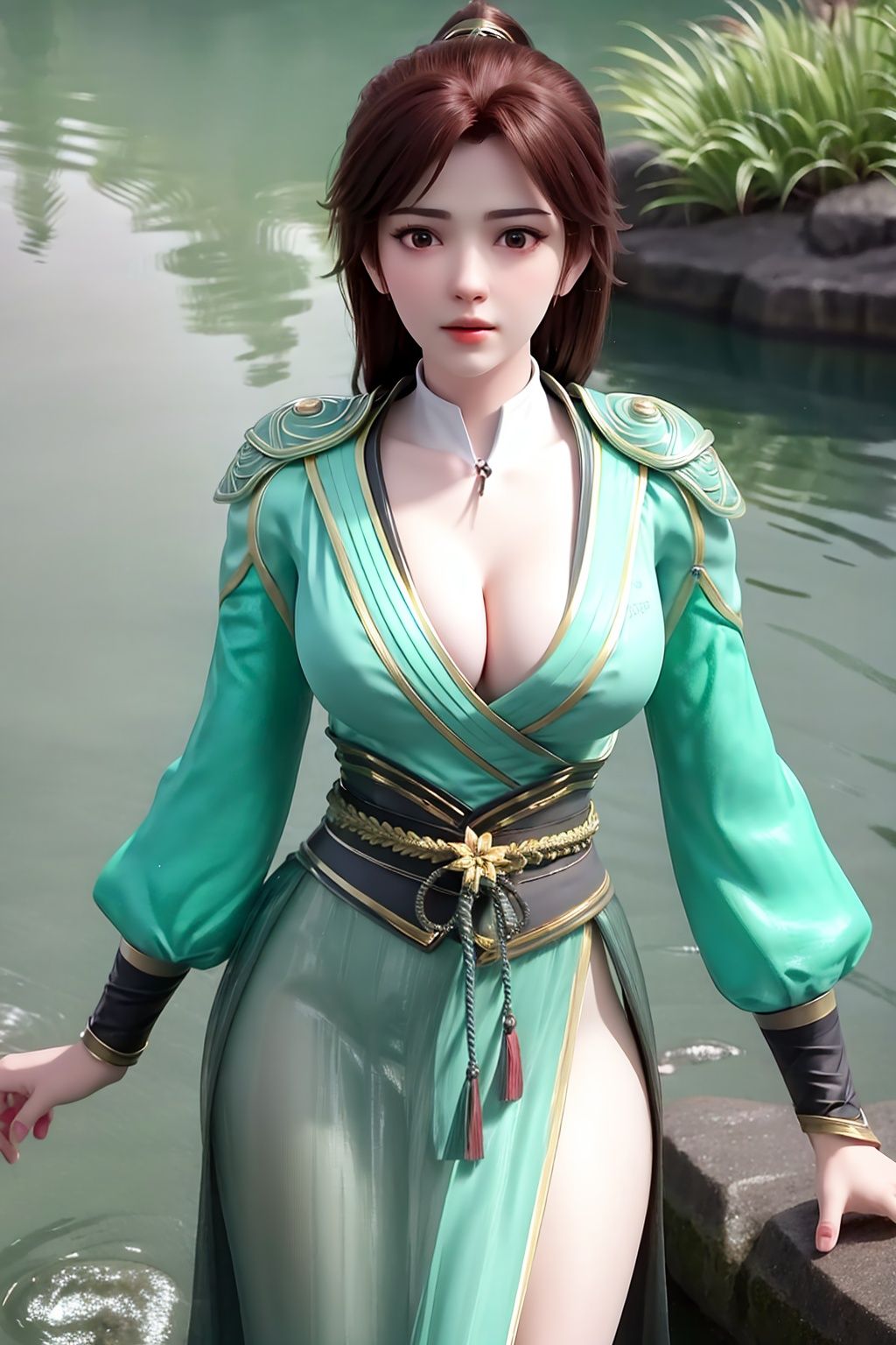 (8k, RAW photo, best quality, masterpiece:1.2),(realistic, photorealistic:1.3),ultra-detailed,extremely detailed cg 8k wallpaper,(crystalstexture skin:1.2),extremely delicate and beautiful,1girl,solo,long sleeves,green dress,water,in the water,photo_\(medium\),(breasts, medium_breasts, cleavage),looking at viewer,standing,spread legs,